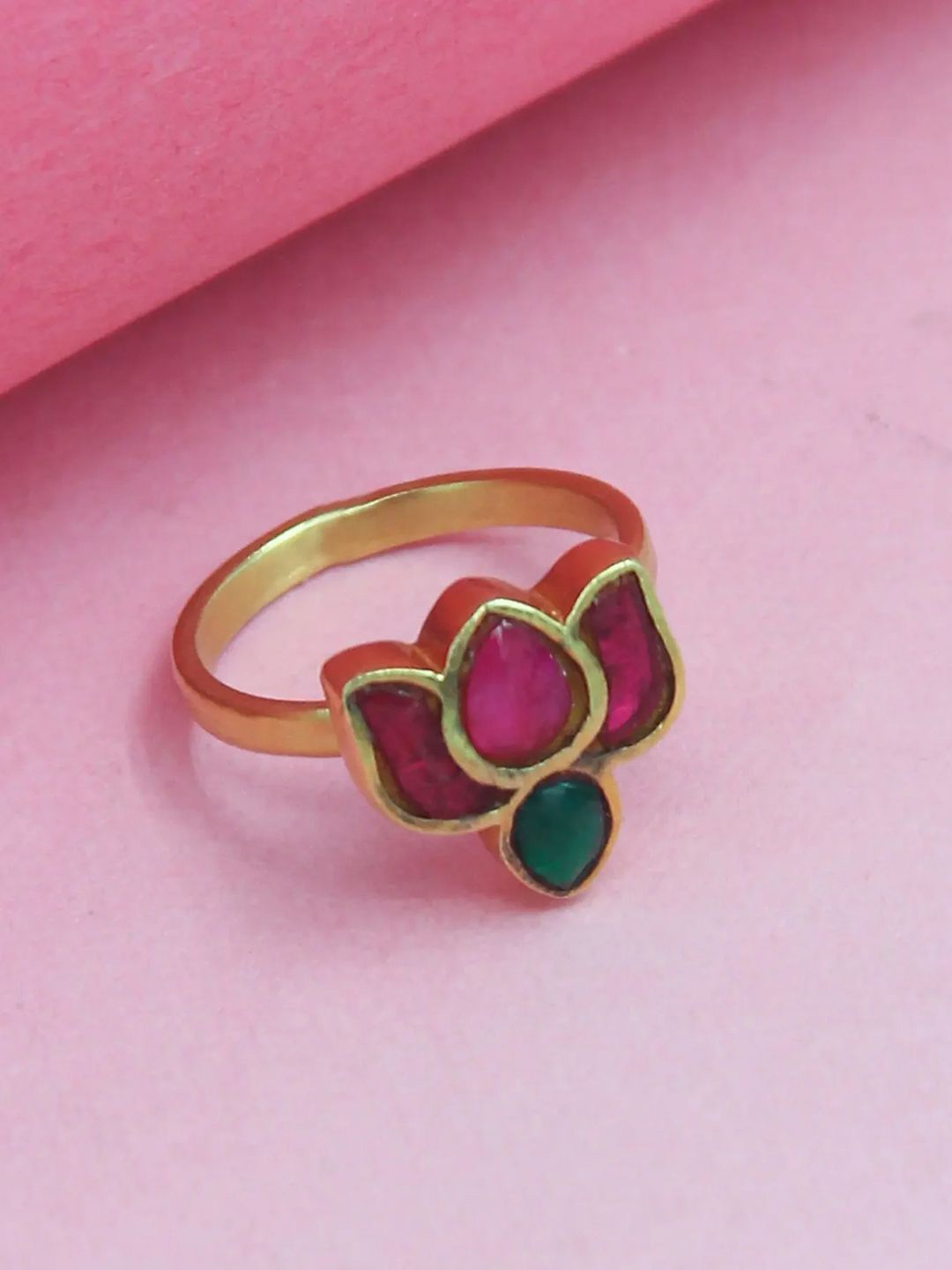 

Unniyarcha 92.5 Silver Gold-Plated Artificial Stones & Beads Silver Lotus Ring