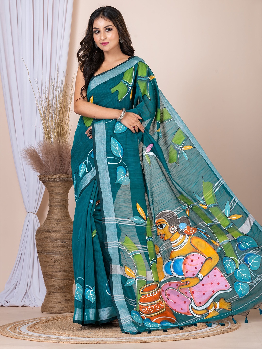 

Laa Calcutta Kalamkari Saree With Blouse Piece, Green