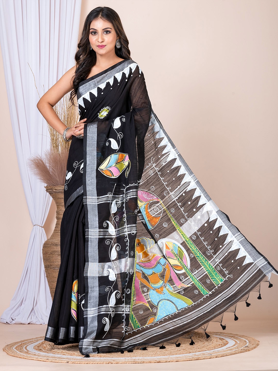 

Laa Calcutta Kalamkari Zari Linen Blend Saree, Black