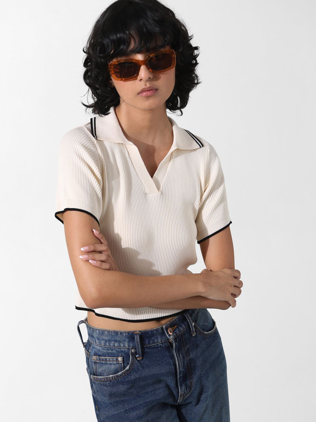 

ONLY Women Self Design Polo Collar T-shirt, Beige