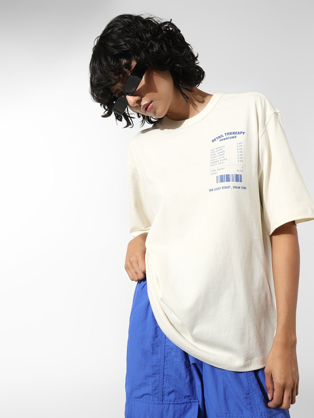 

ONLY Women Typography Printed Round Neck Oversized T-shirt, Cream
