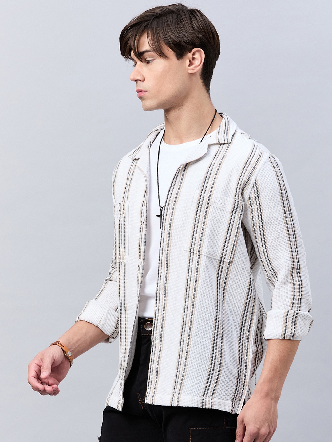 

Style Quotient Off White Classic Opaque Striped Casual Shirt