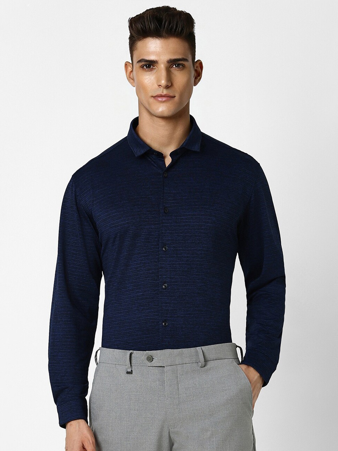 

V Dot Slim Fit Spread Collar Opaque Party Shirt, Navy blue