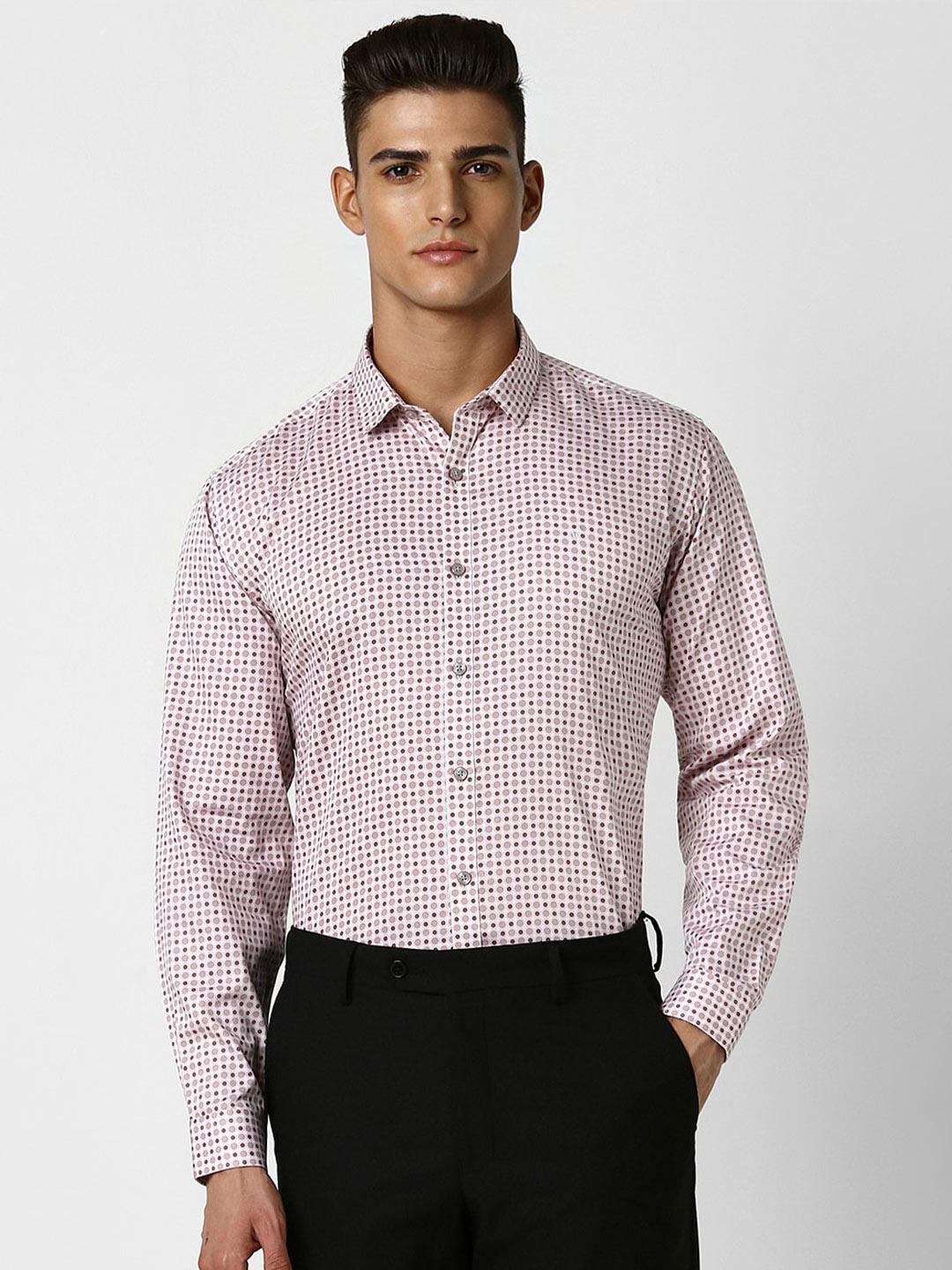 

V Dot Slim Fit Opaque Printed Cotton Shirt, Pink