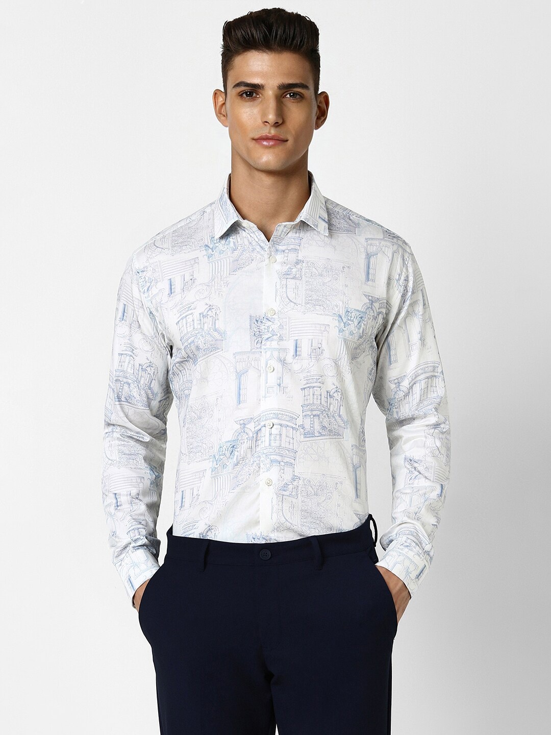 

V Dot Slim Fit Floral Printed Spread Collar Pure Cotton Party Shirt, White