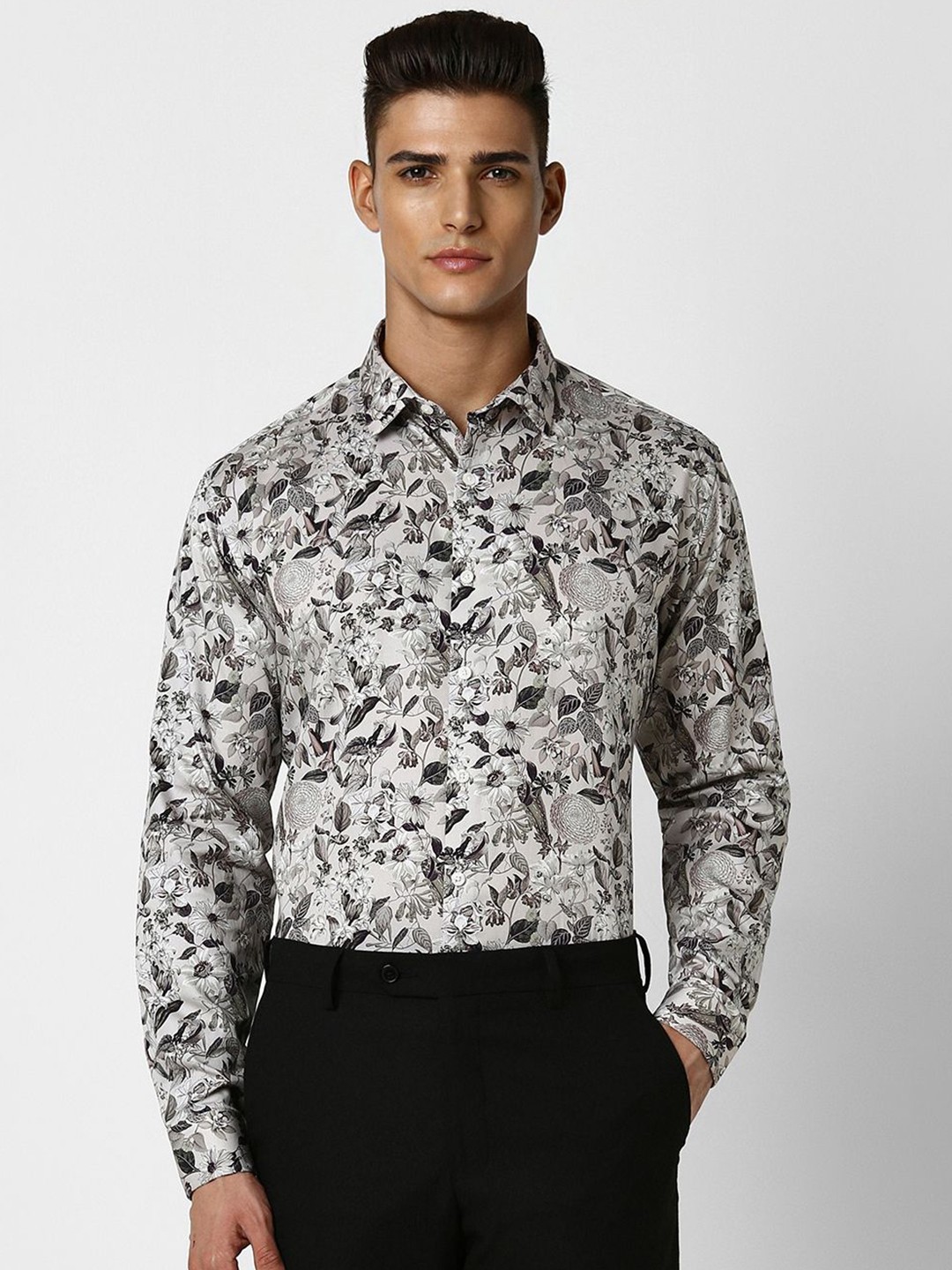 

V Dot Slim Fit Floral Printed Spread Collar Pure Cotton Party Shirt, Grey