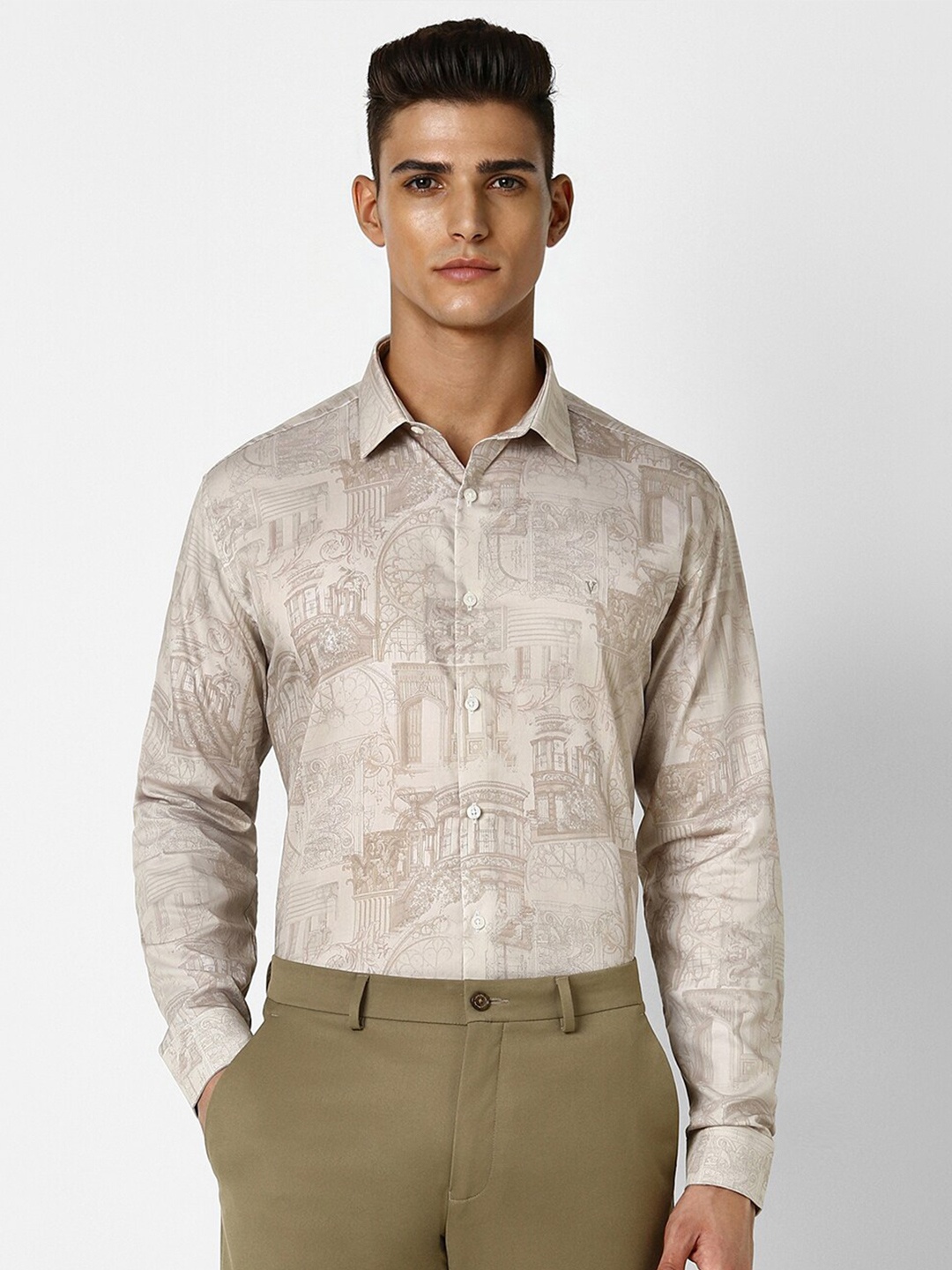 

V Dot Slim Fit Opaque Printed Cotton Party Shirt, Brown