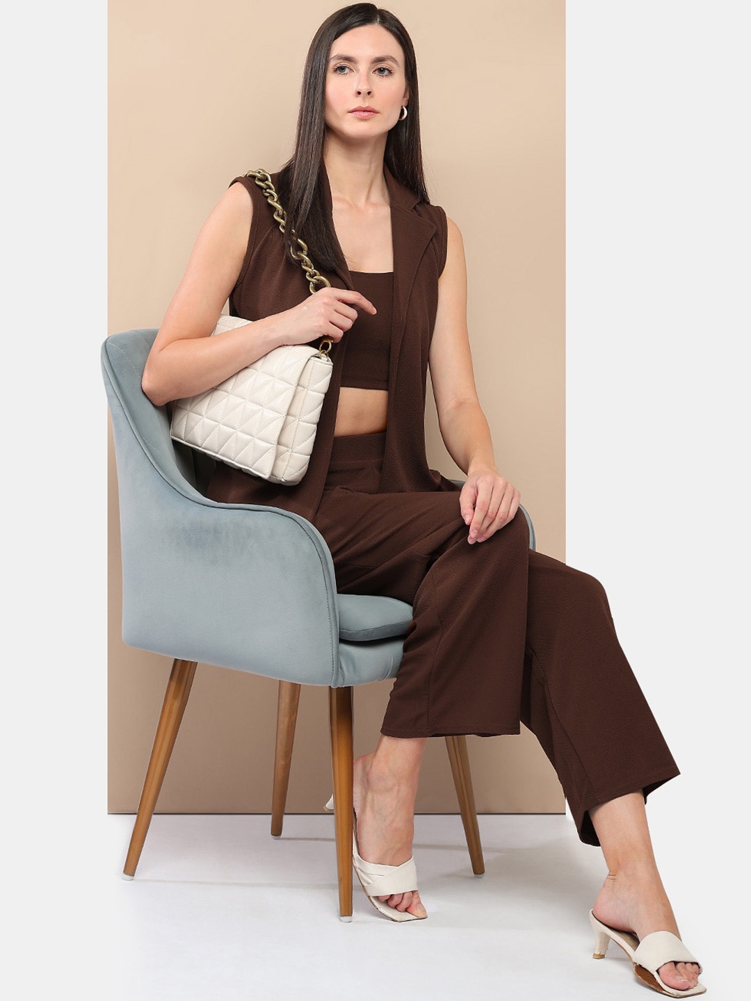 

Her By Invictus Brown Shoulder Straps Casual Crop Top With Palazzos & Blazer