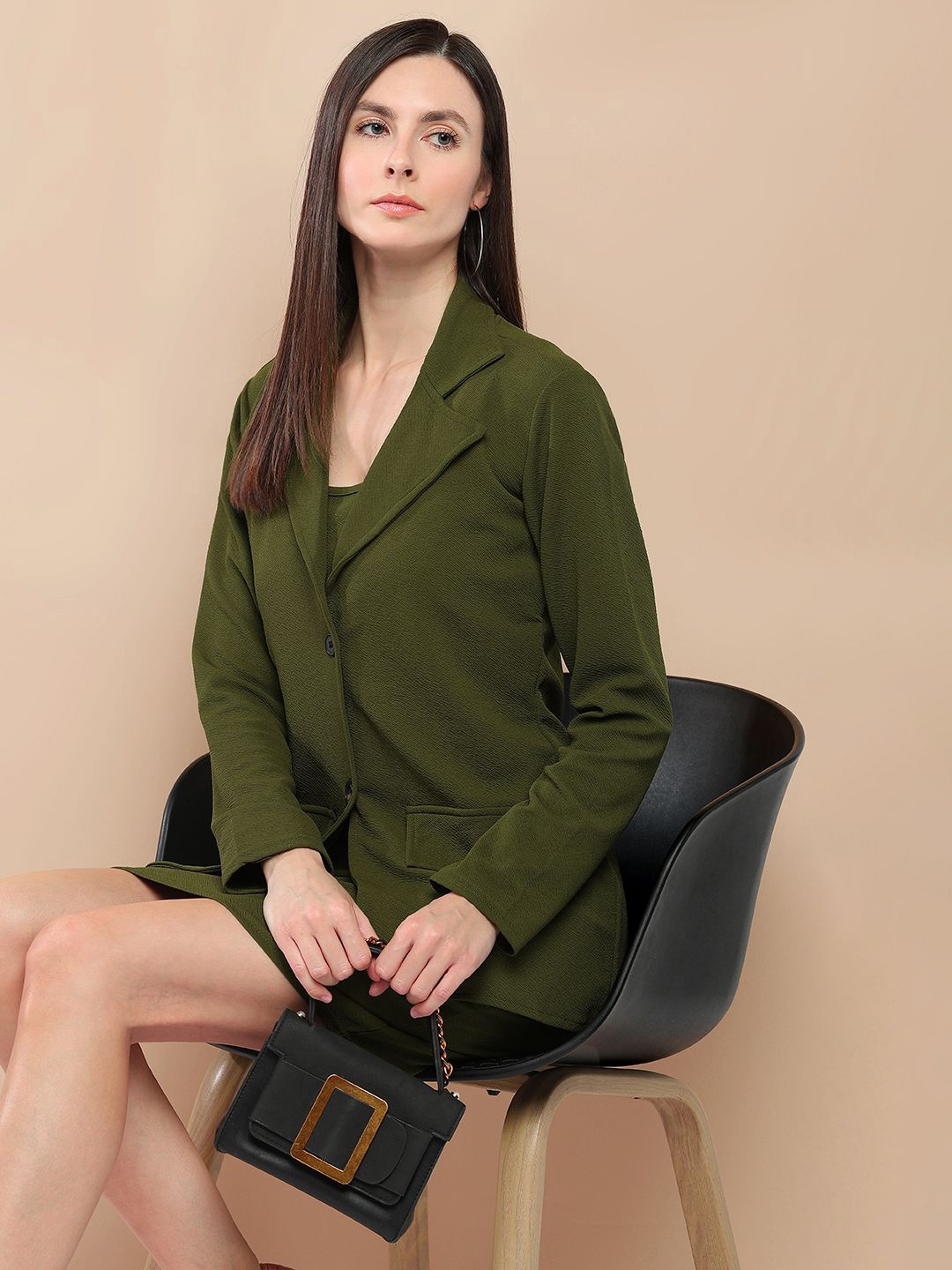 

her by invictus Olive Round Neck Shoulder Straps Crop Top With Blazer & Skirt, Green