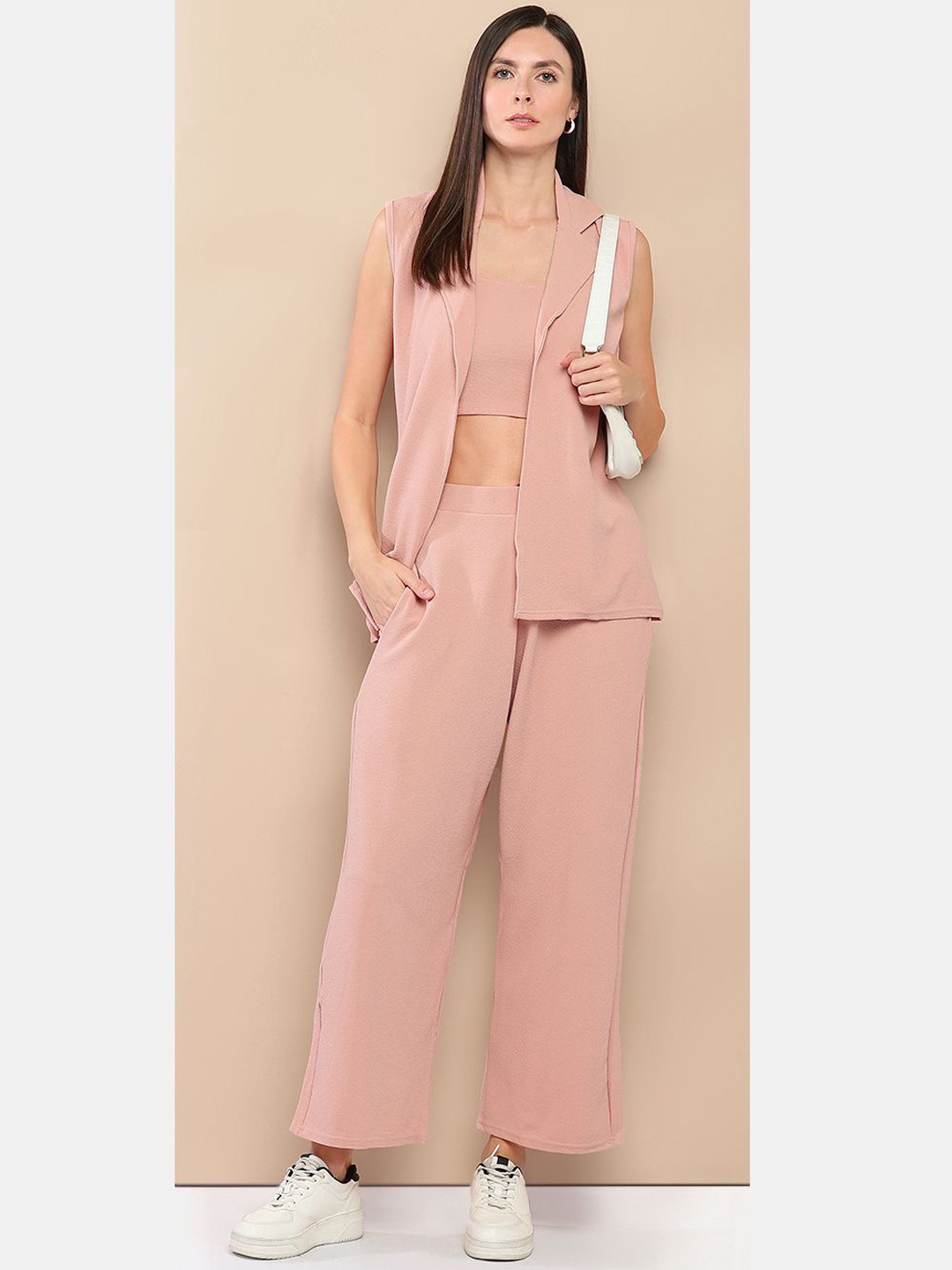 

her by invictus Pink Shoulder Straps Casual Crop Top With Palazzos & Blazer