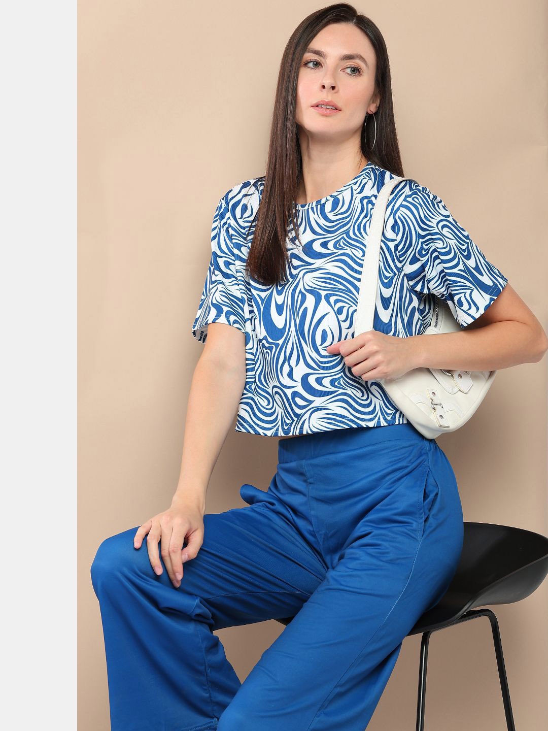 

her by invictus Blue Abstract Printed Round Neck Casual Crop Top & Trousers