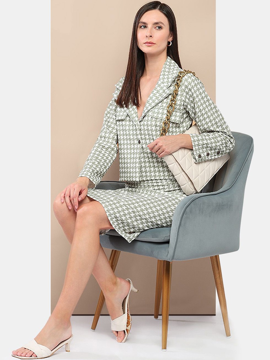 

her by invictus Sea Green Abstract Printed Cuban Collar Casual Top & Skirt