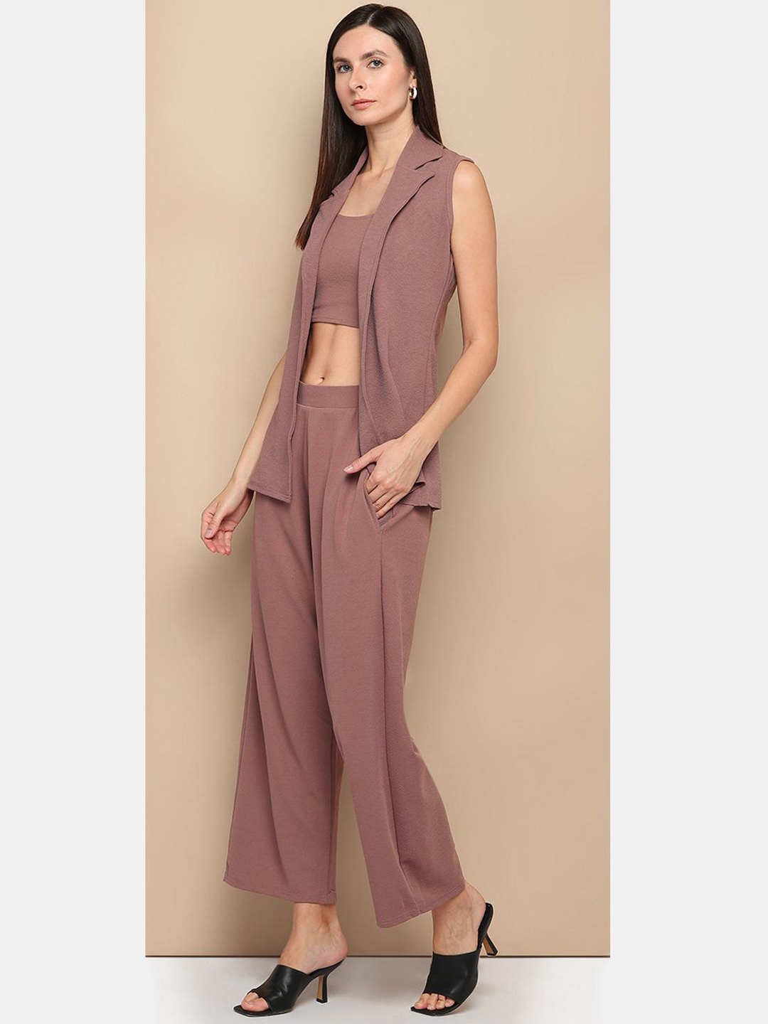 

her by invictus Mauve Shoulder Strap Neck Casual Crop Top With Trousers & Shrug