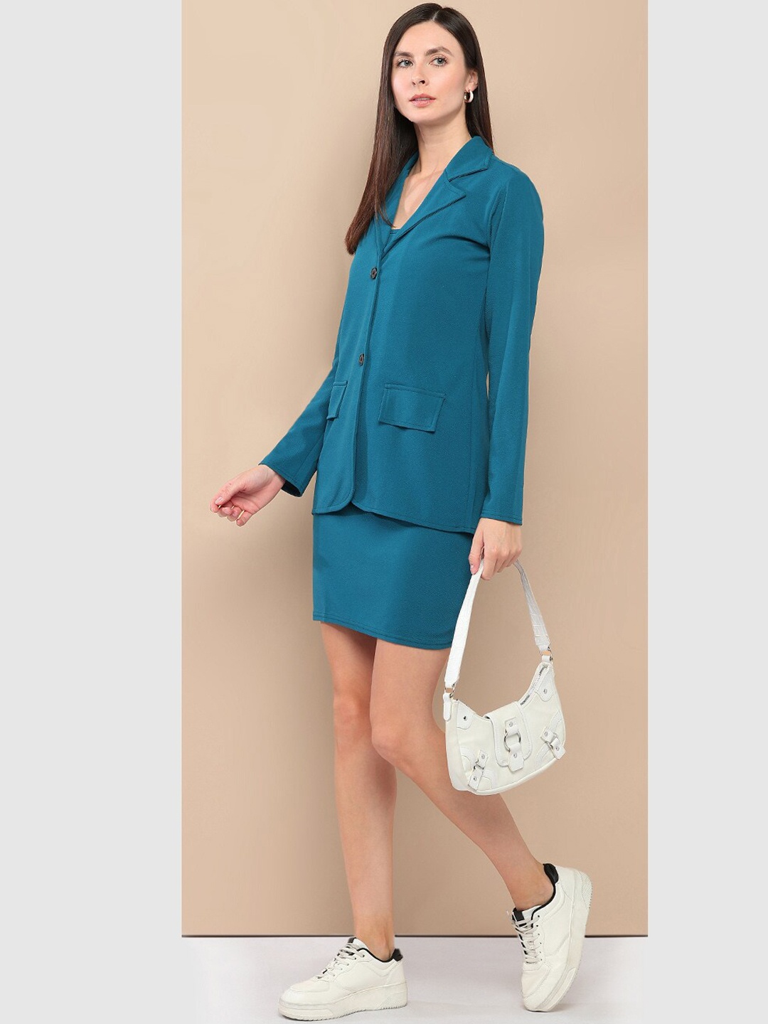 

her by invictus Turquoise Blue Round Neck Shoulder Straps Crop Top With Blazer & Skirt