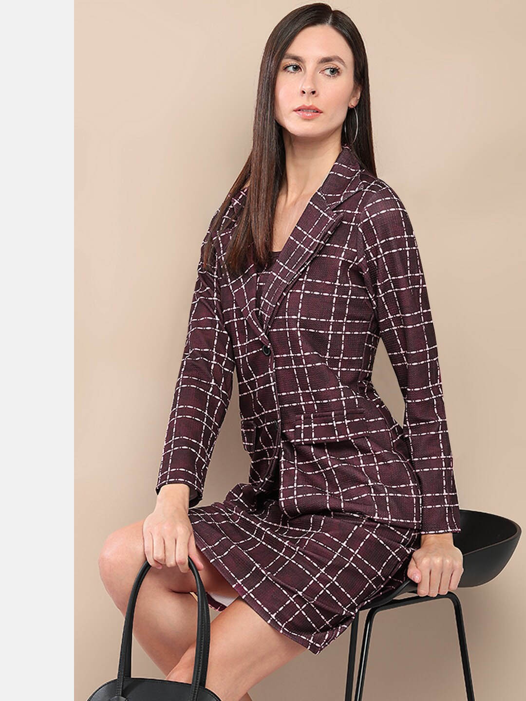 

her by invictus Purple Checked Shoulder Straps Casual Crop Top With Skirt & Blazer