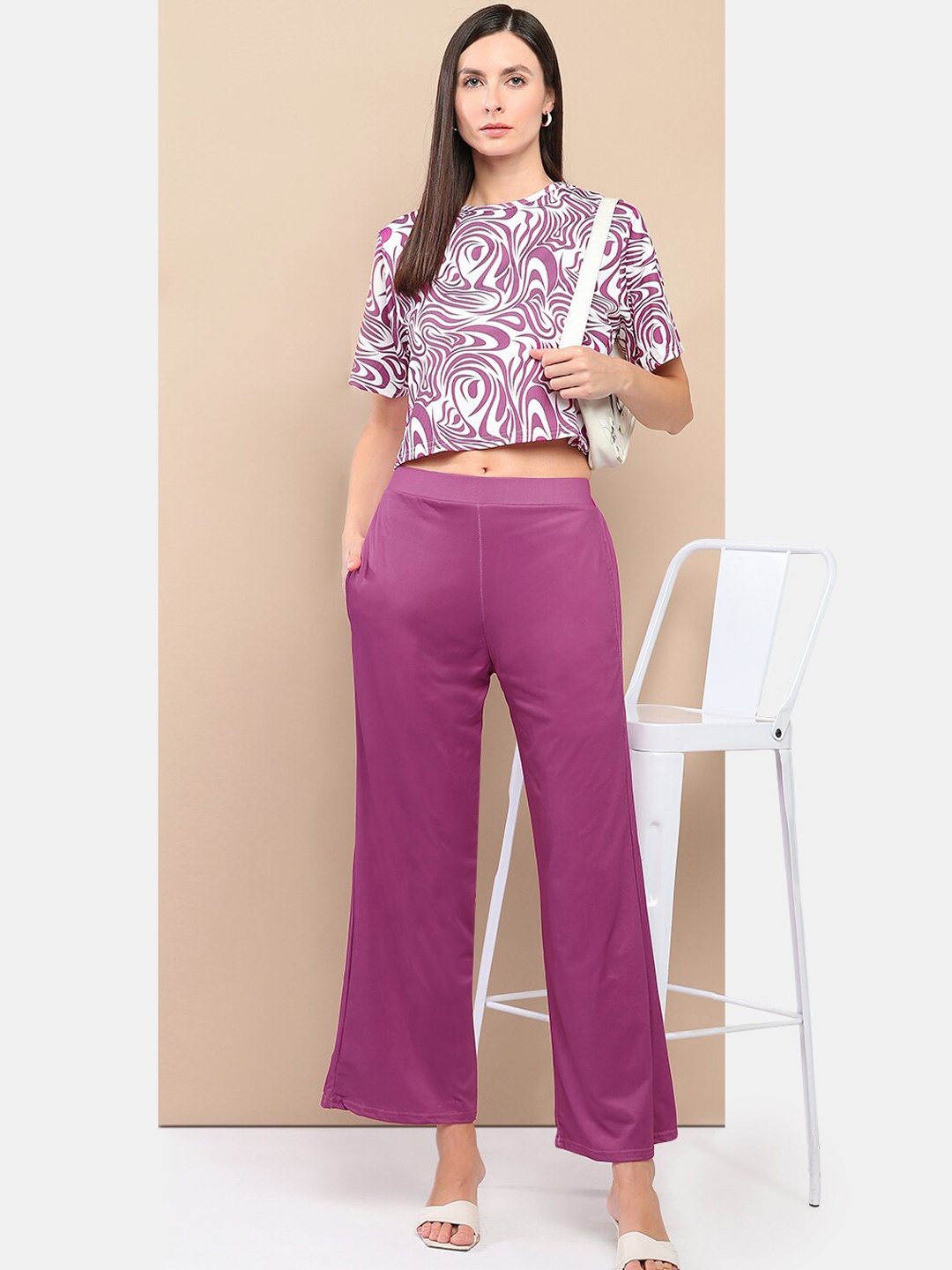 

her by invictus Pink Abstract Printed Round Neck Casual Crop Top & Palazzos