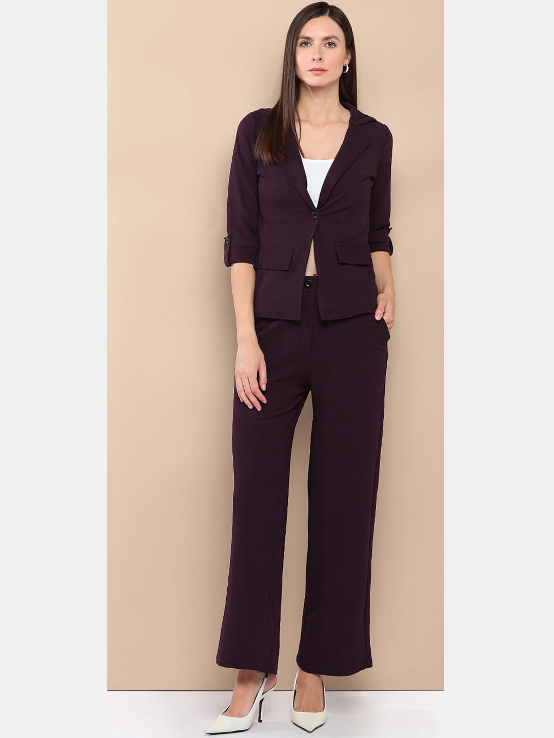 

her by invictus Purple Shoulder Straps Roll-Up Sleeevs Top With Blazer & TRousers