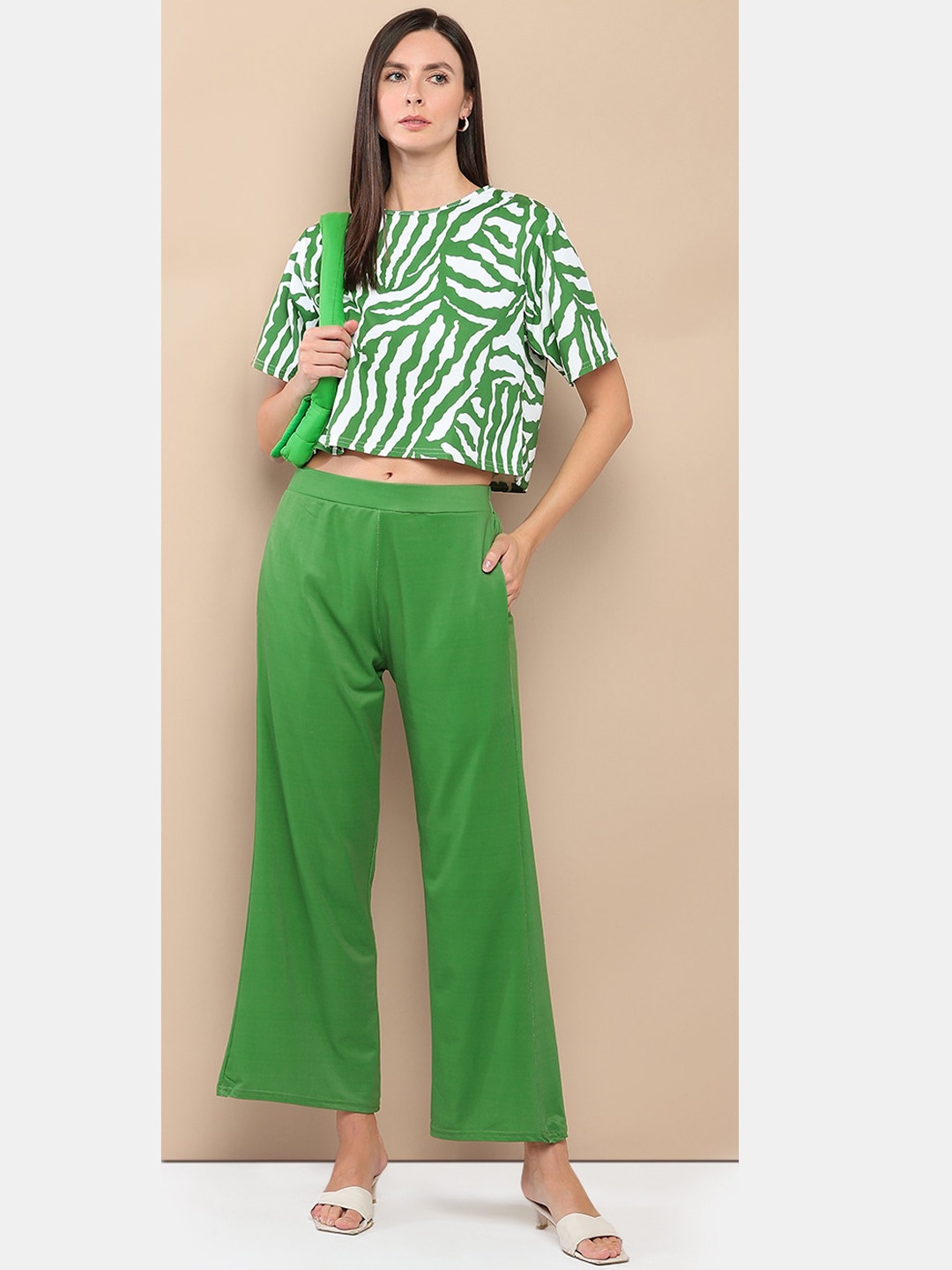 

her by invictus Green Abstract Printed Round Neck Casual Crop Top With Trousers