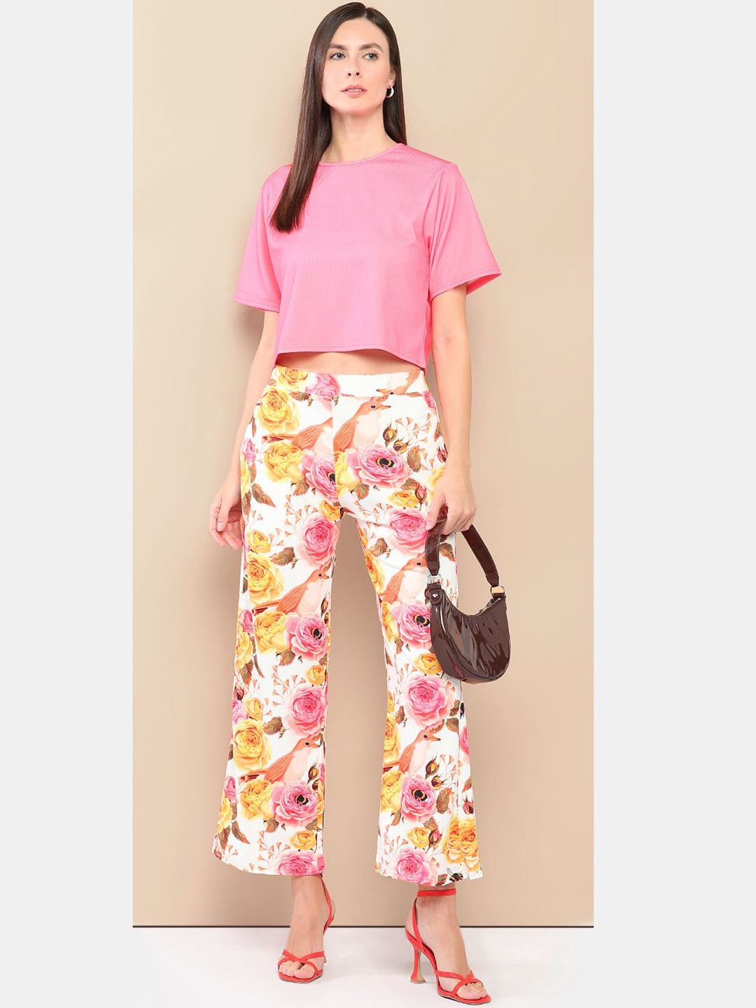 

her by invictus Peach Round Neck Top With Floral Printed Trousers