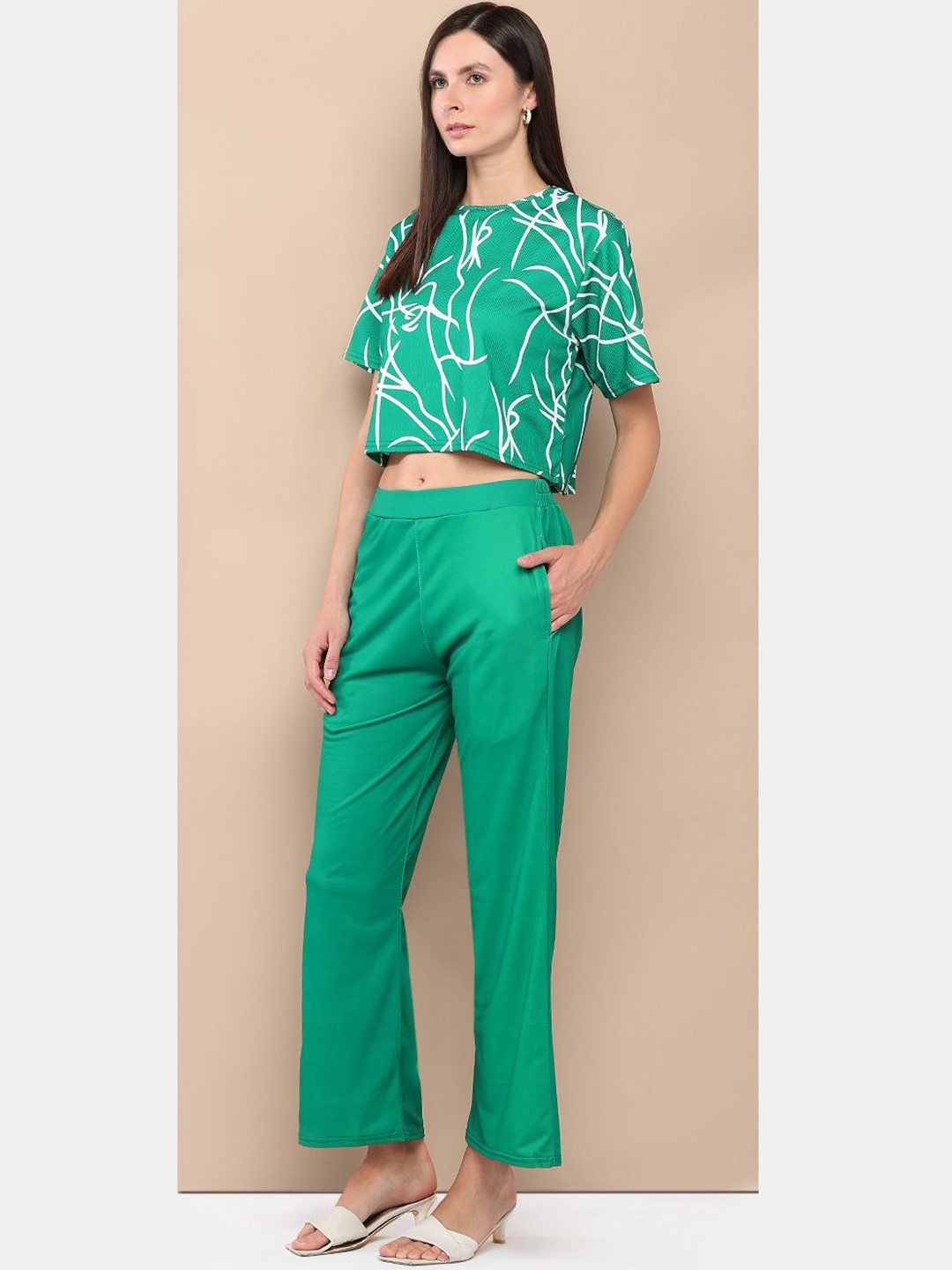 

her by invictus Green Abstract Printed Round Neck Casual Crop Top With Palazzos