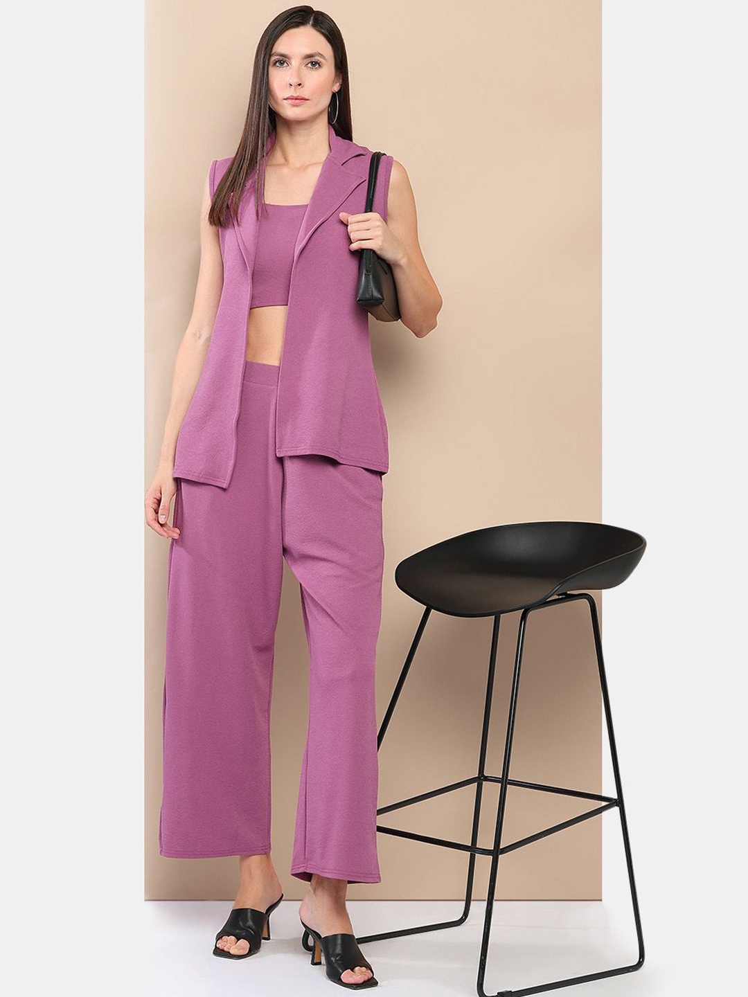 

her by invictus Magenta Shoulder Strap Neck Casual Crop Top With Trousers & Shrug