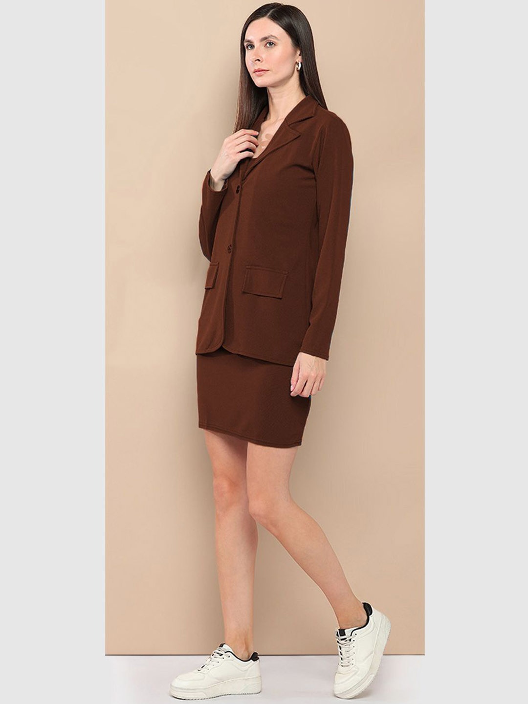 

her by invictus Brown Solid Top With Skirt & Blazer