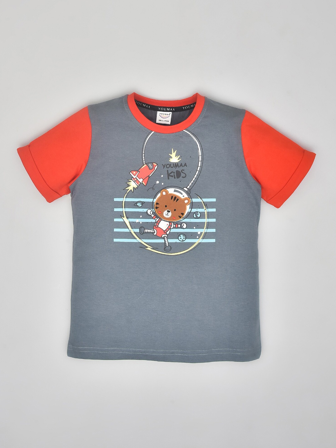 

YOUMAA Boys Graphic Printed Round Neck Pure Cotton T-shirt, Green