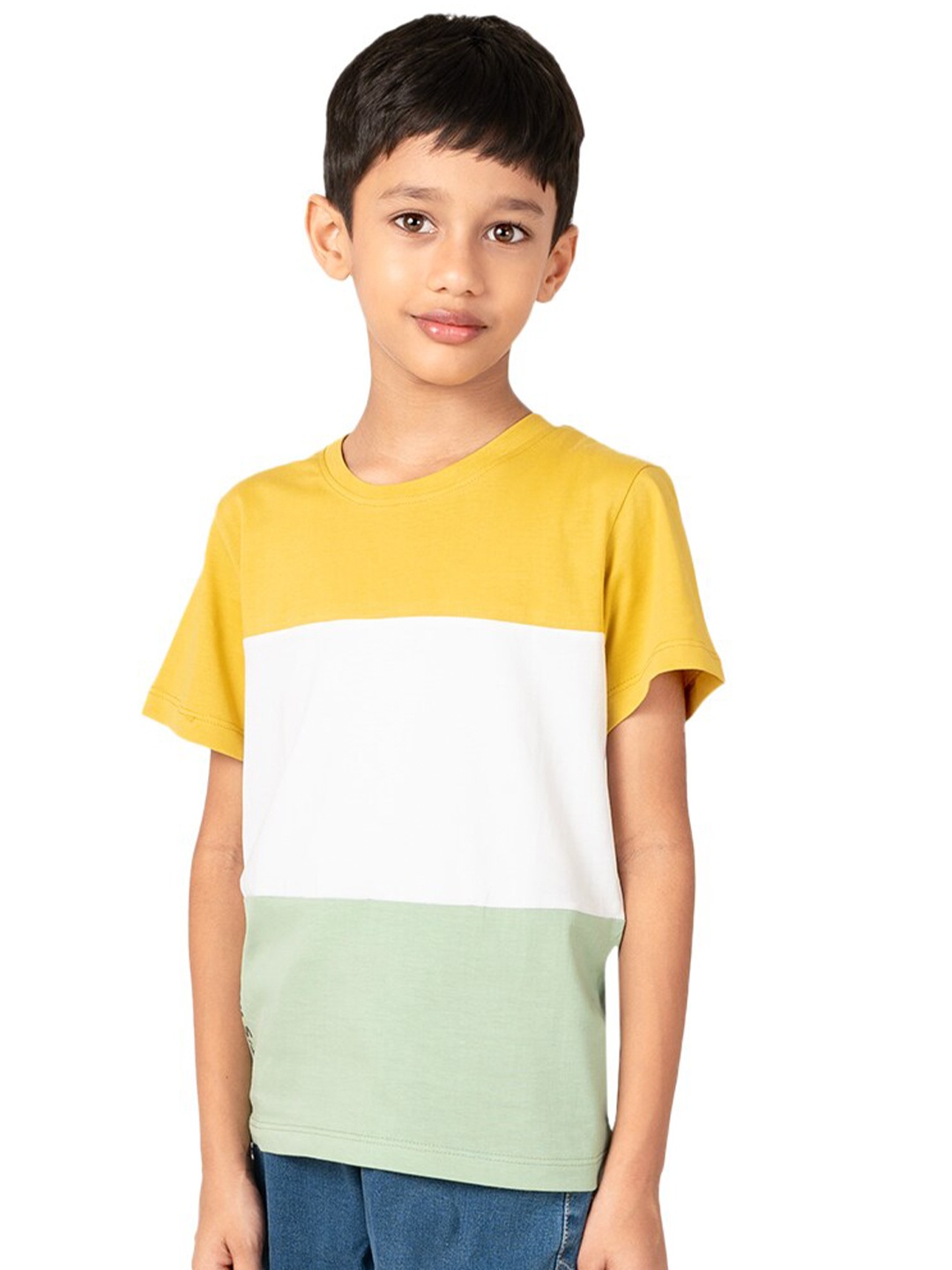 

YOUMAA Boys Colourblocked Round Neck Pure Cotton T-shirt, Mustard