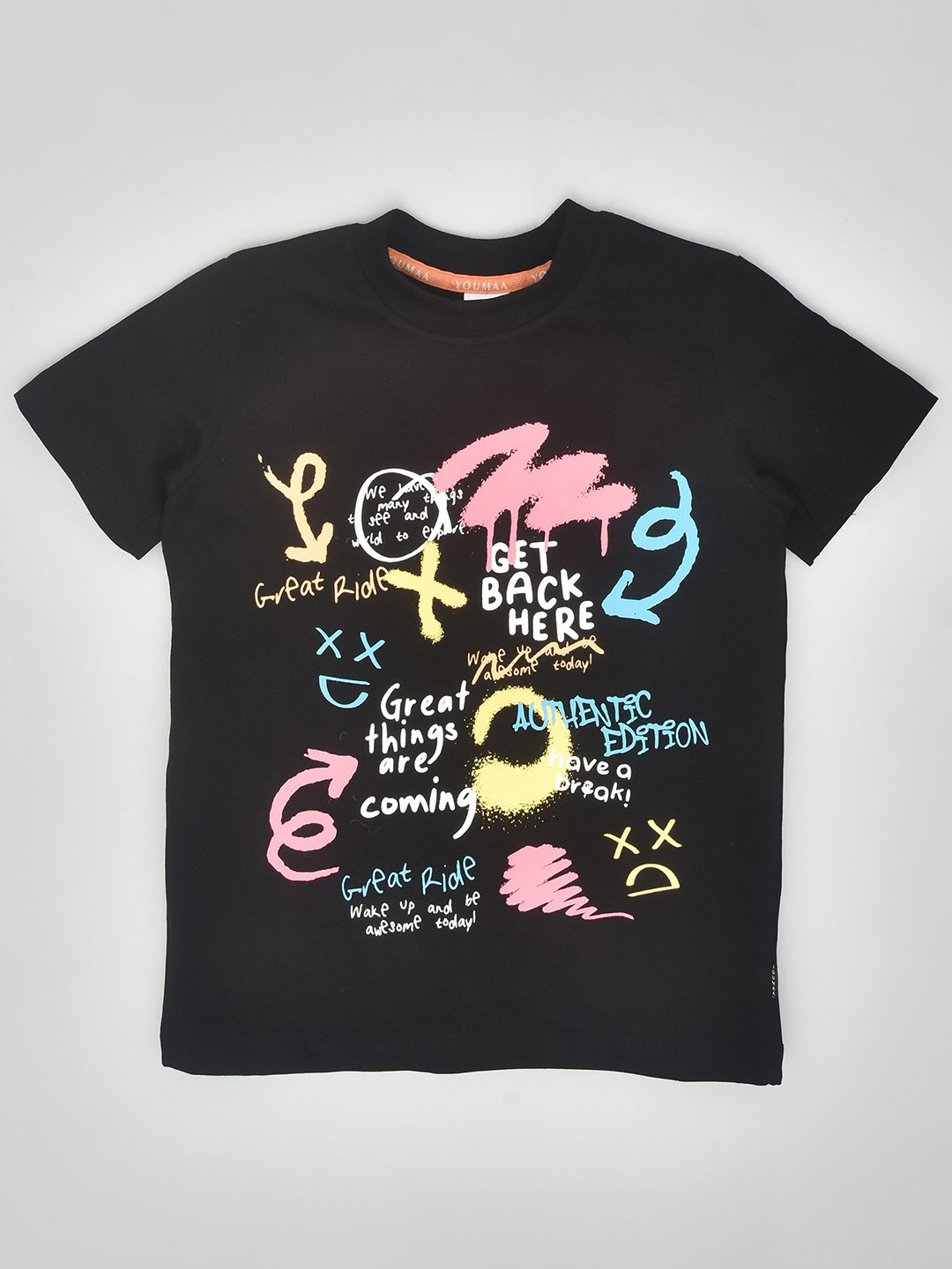 

YOUMAA Boys Typography Printed Round Neck Pure Cotton T-shirt, Black