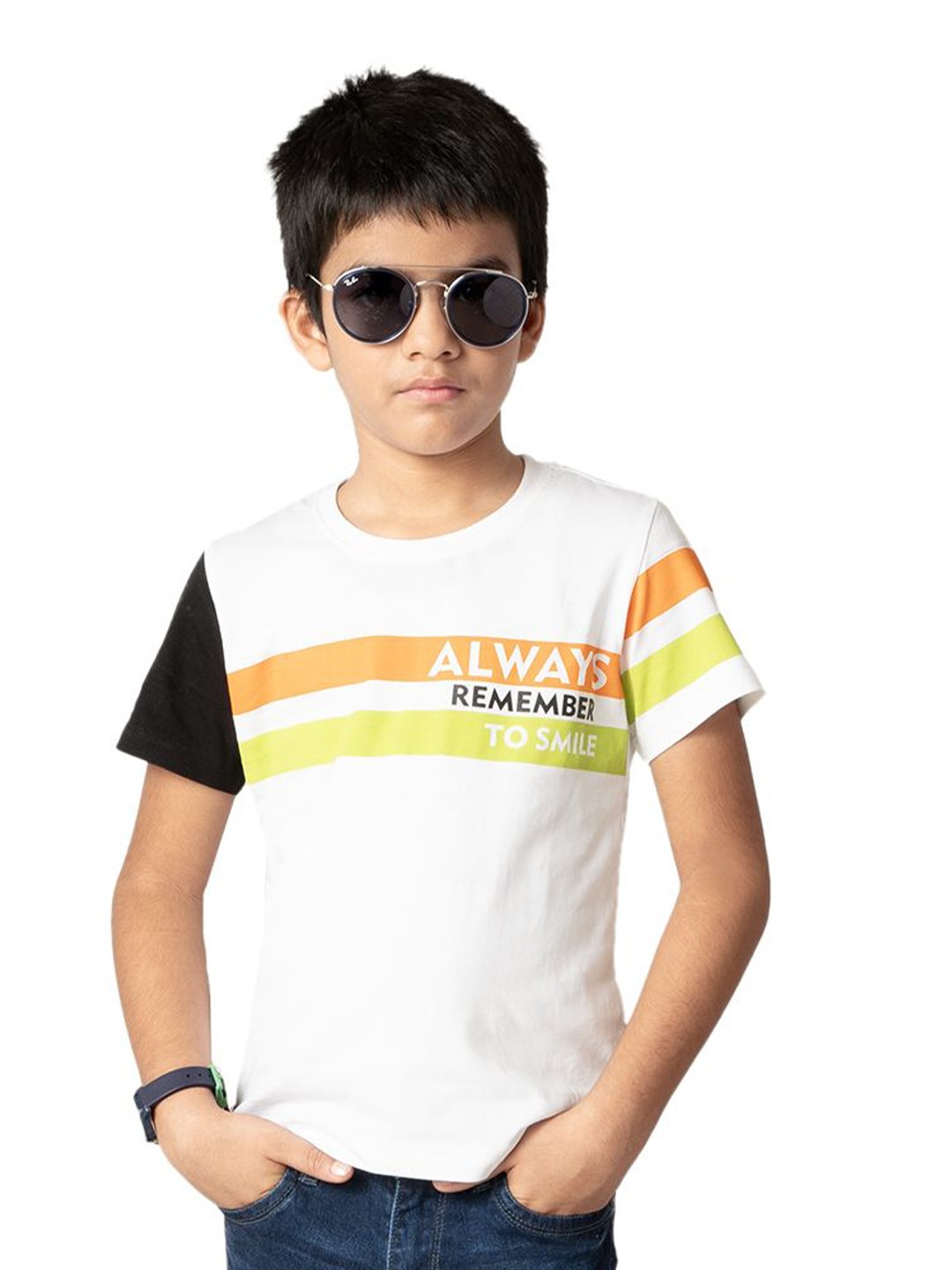

YOUMAA Boys Typography Printed Striped Pure Cotton T-shirt, White