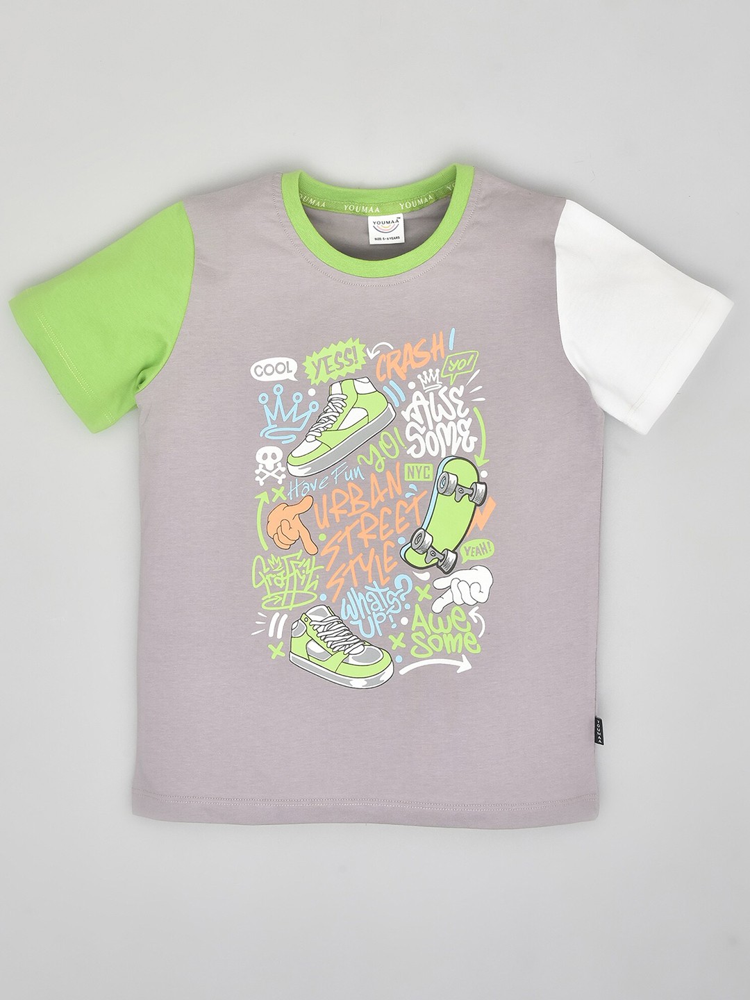 

YOUMAA Boys Typography Printed Round Neck Pure Cotton T-shirt, Grey