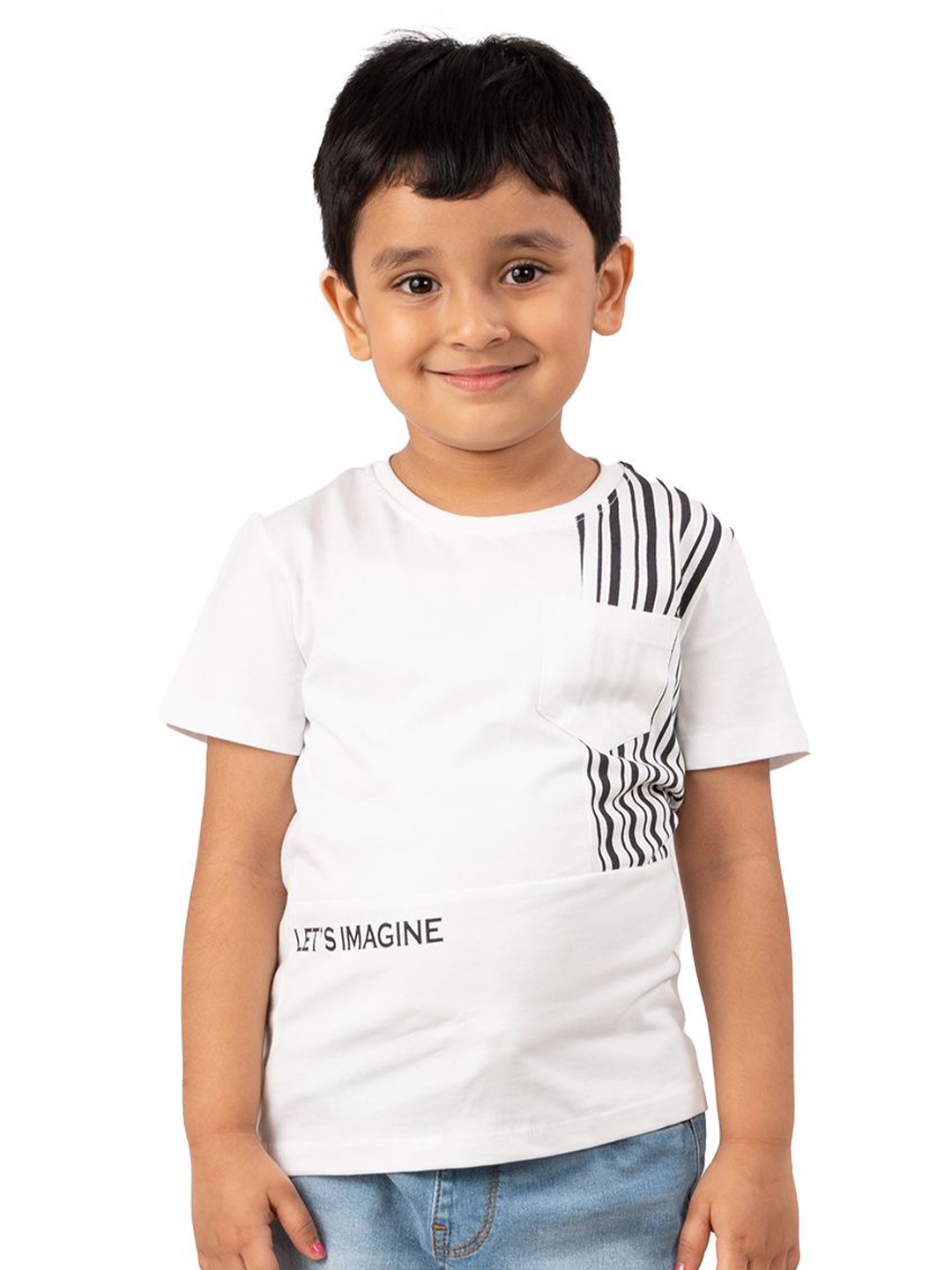 

YOUMAA Boys Striped Printed Monochrome Pure Cotton T-shirt, White