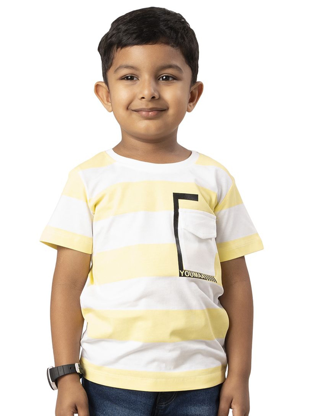 

YOUMAA Boys Colourblocked Printed Pocket Pure Cotton T-shirt, Yellow