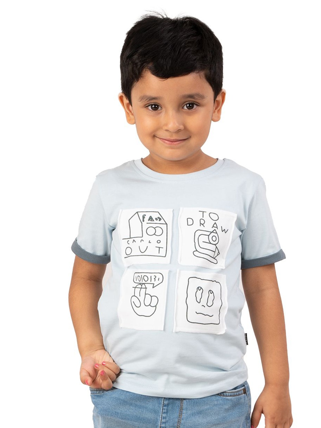 YOUMAA Boys Abstract Printed Round Neck Pure Cotton T-shirt, Blue
