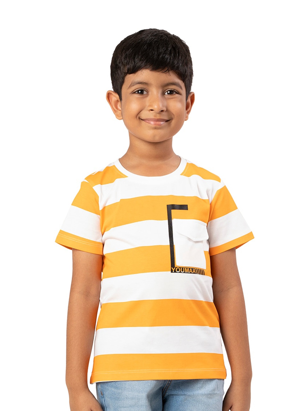 

YOUMAA Boys Colourblocked Printed Pocket Pure Cotton T-shirt, Orange