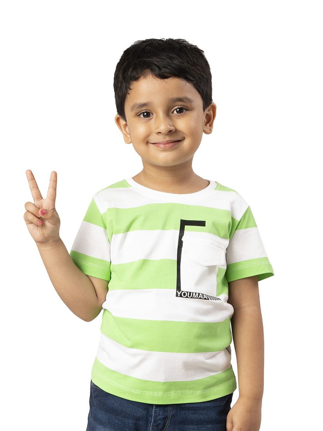 

YOUMAA Boys Colourblocked Printed Pocket Pure Cotton T-shirt, Green