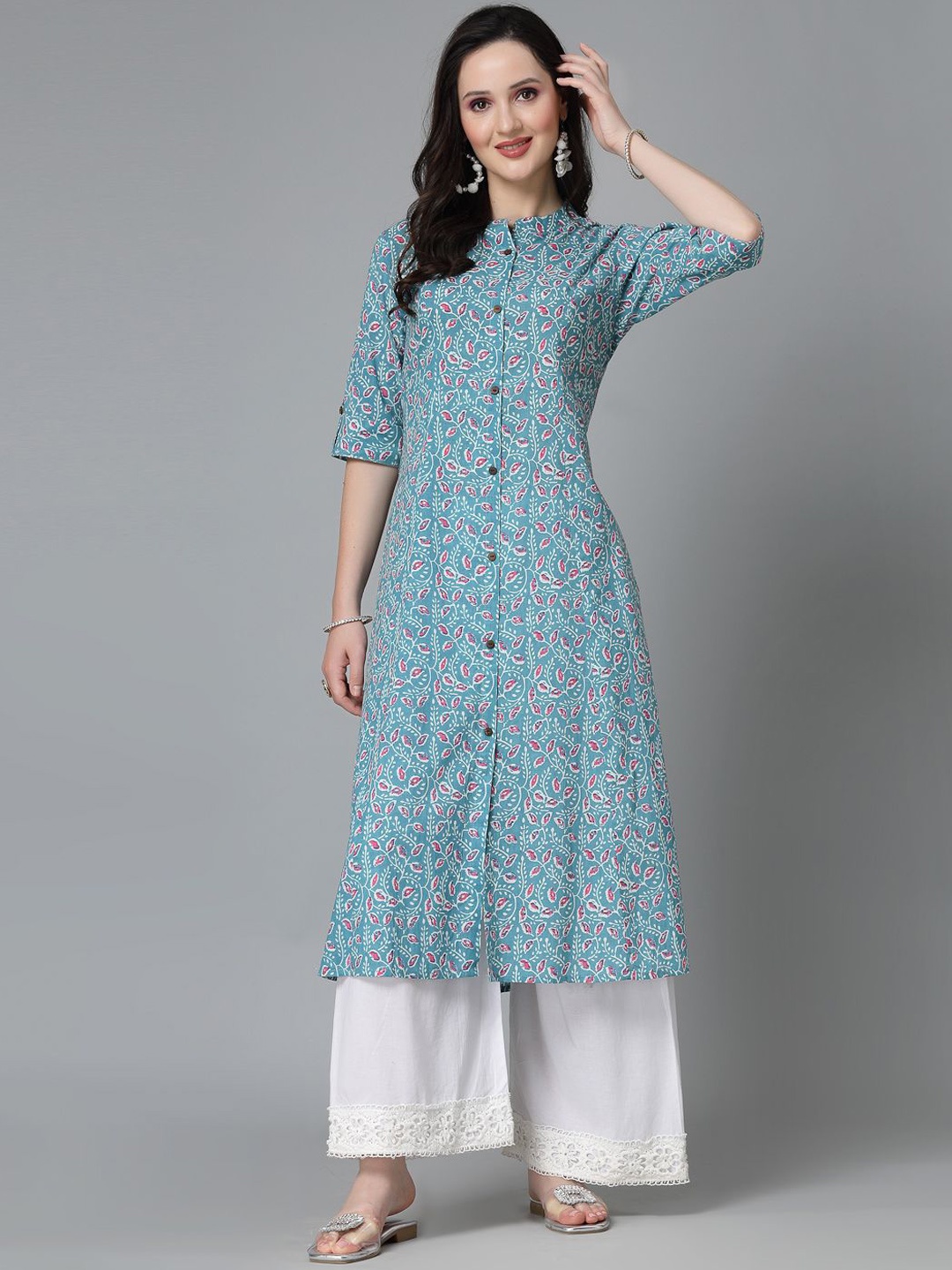 

Stylum Mandarin Collar Cotton A-Line Kurta, Turquoise blue