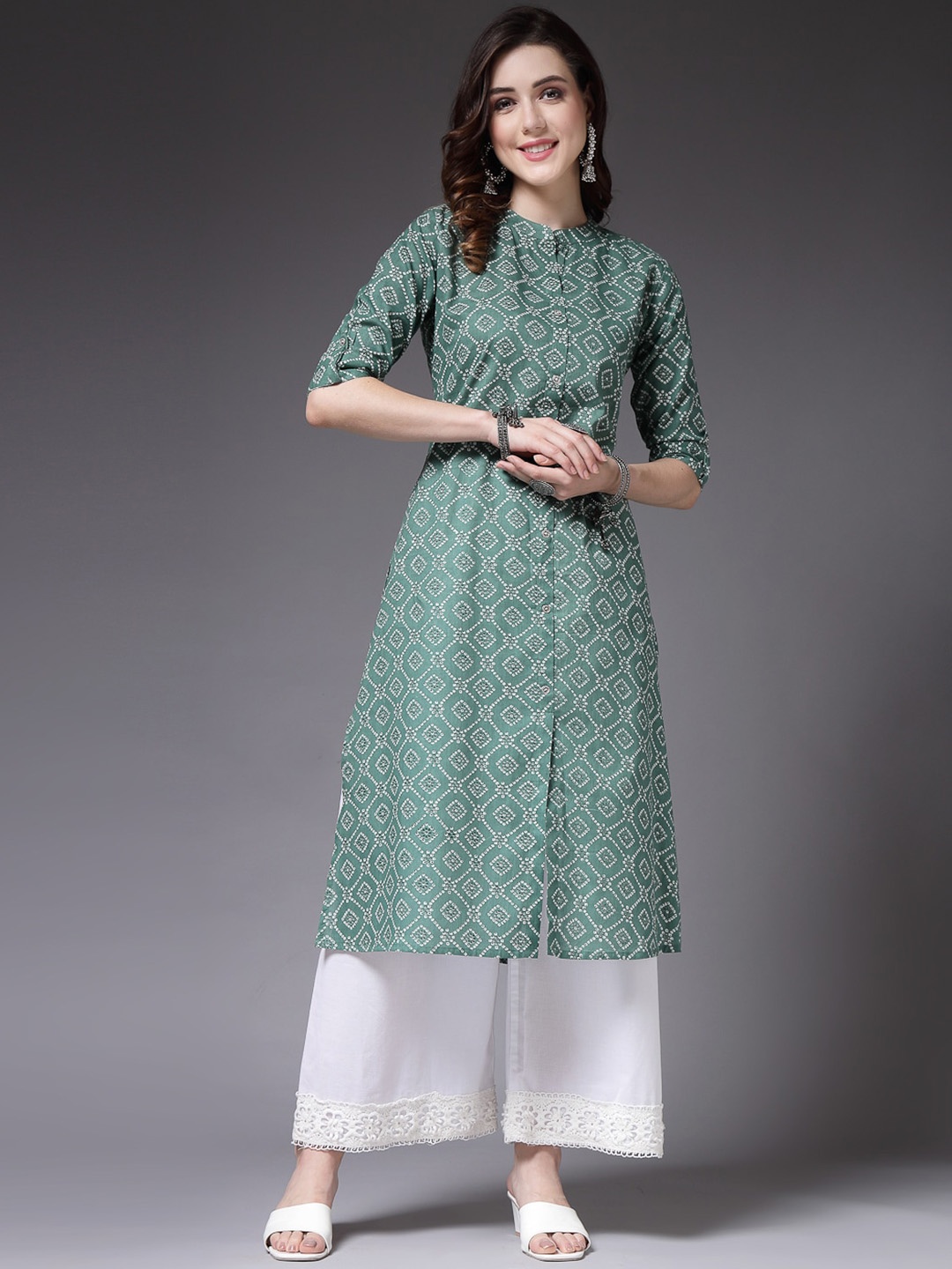 

Stylum Mandarin Collar Geometric Printed Cotton Straight Kurta, Green