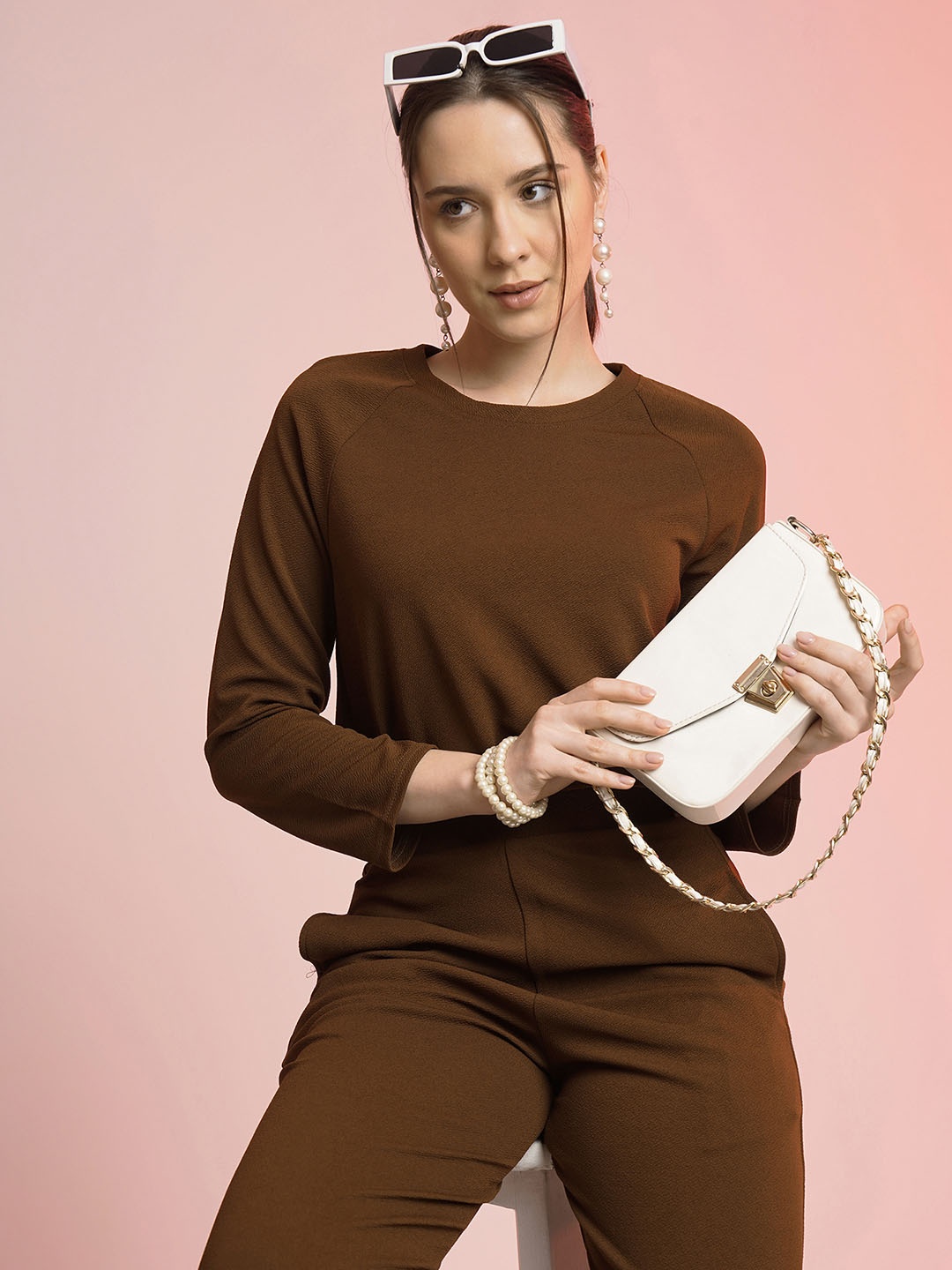 

Selvia Long Sleeves Round Neck Crop Top & Trouser, Brown