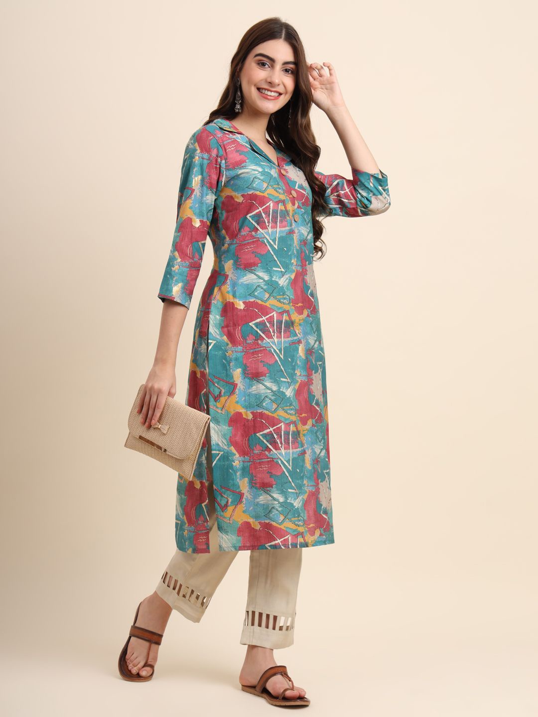 

Suktam Trendz Cuban Collar Printed Three Quarter Sleeves Straight Kurta, Blue