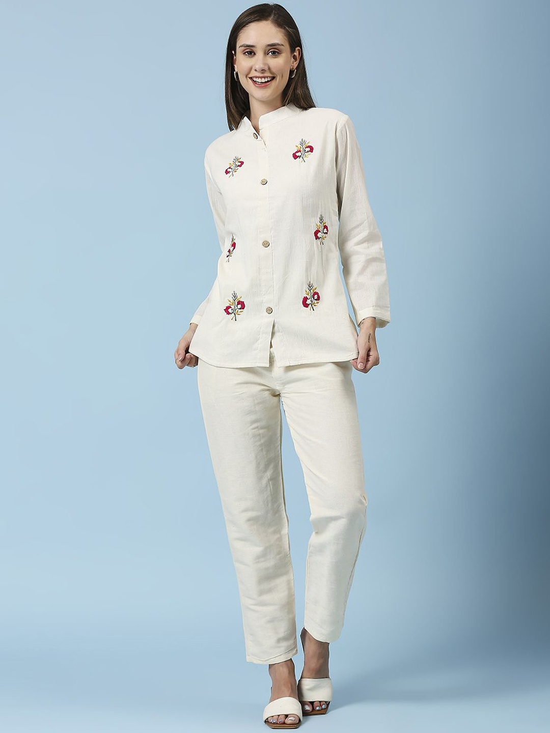 

GUFRINA Embroidered Mandarin Collar Long Sleeves Tunic & Trousers Pure Cotton Co-Ords, Cream