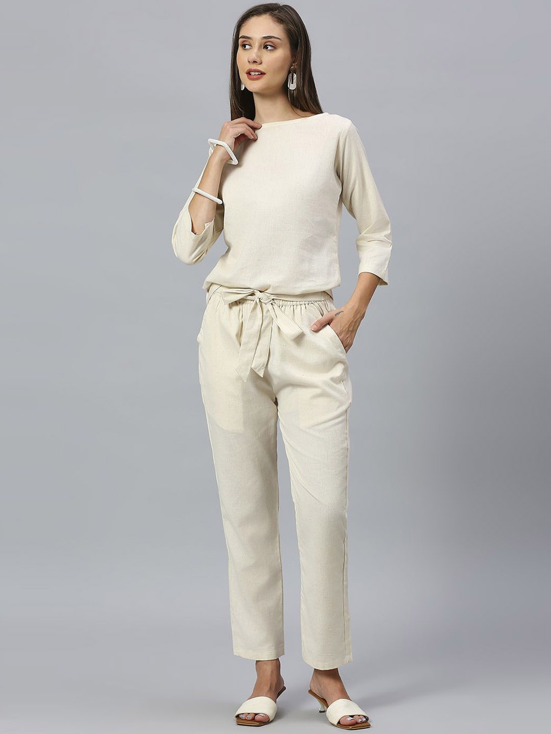 

GUFRINA Round Neck Regular sleeves Pure Cotton Top & Trousers, Cream