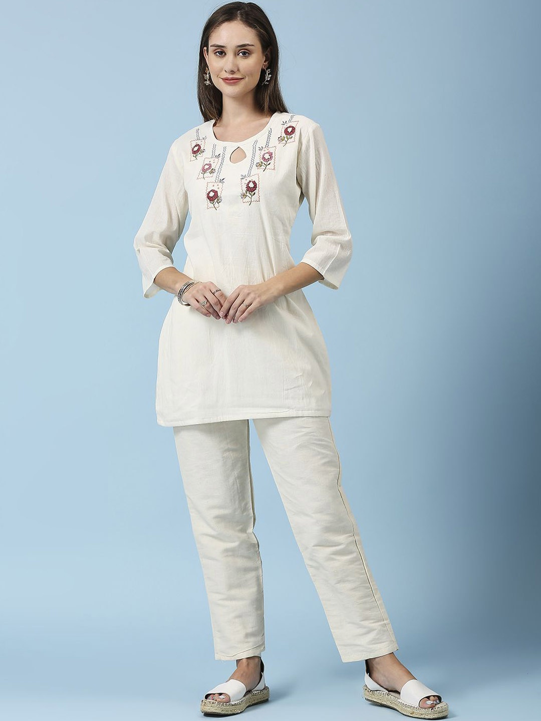 

GUFRINA Floral Embroidered Pure Cotton Tunic With Trousers, Cream