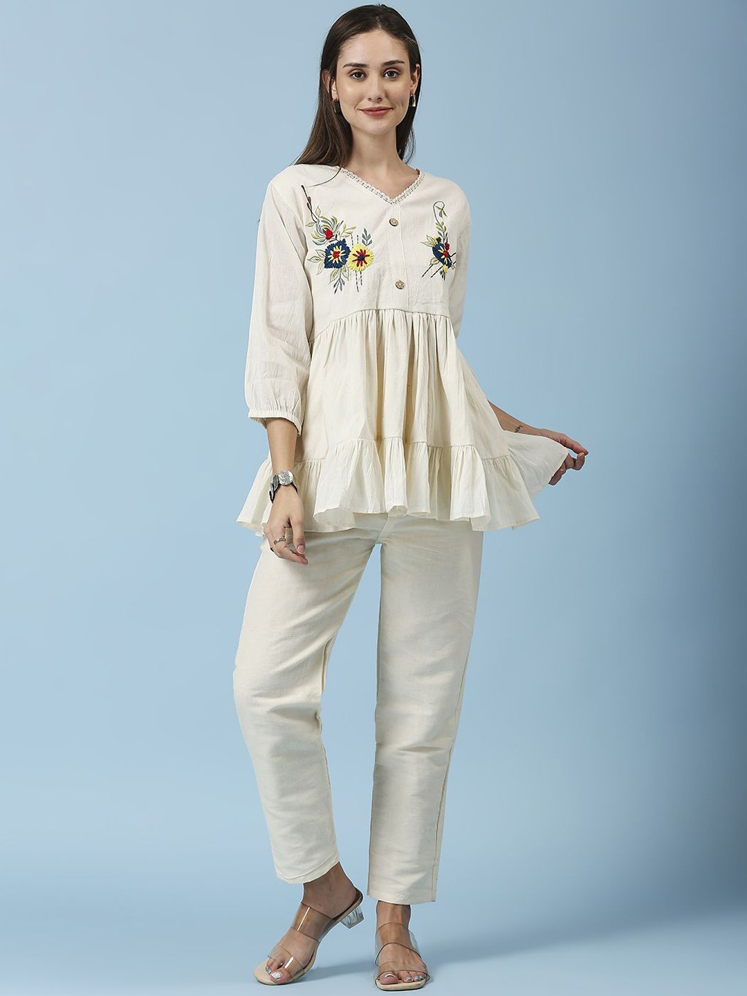 

GUFRINA Embroidered V-Neck Cuffed Sleeves Gathered Cotton Casual Flared Top With Trousers, Cream