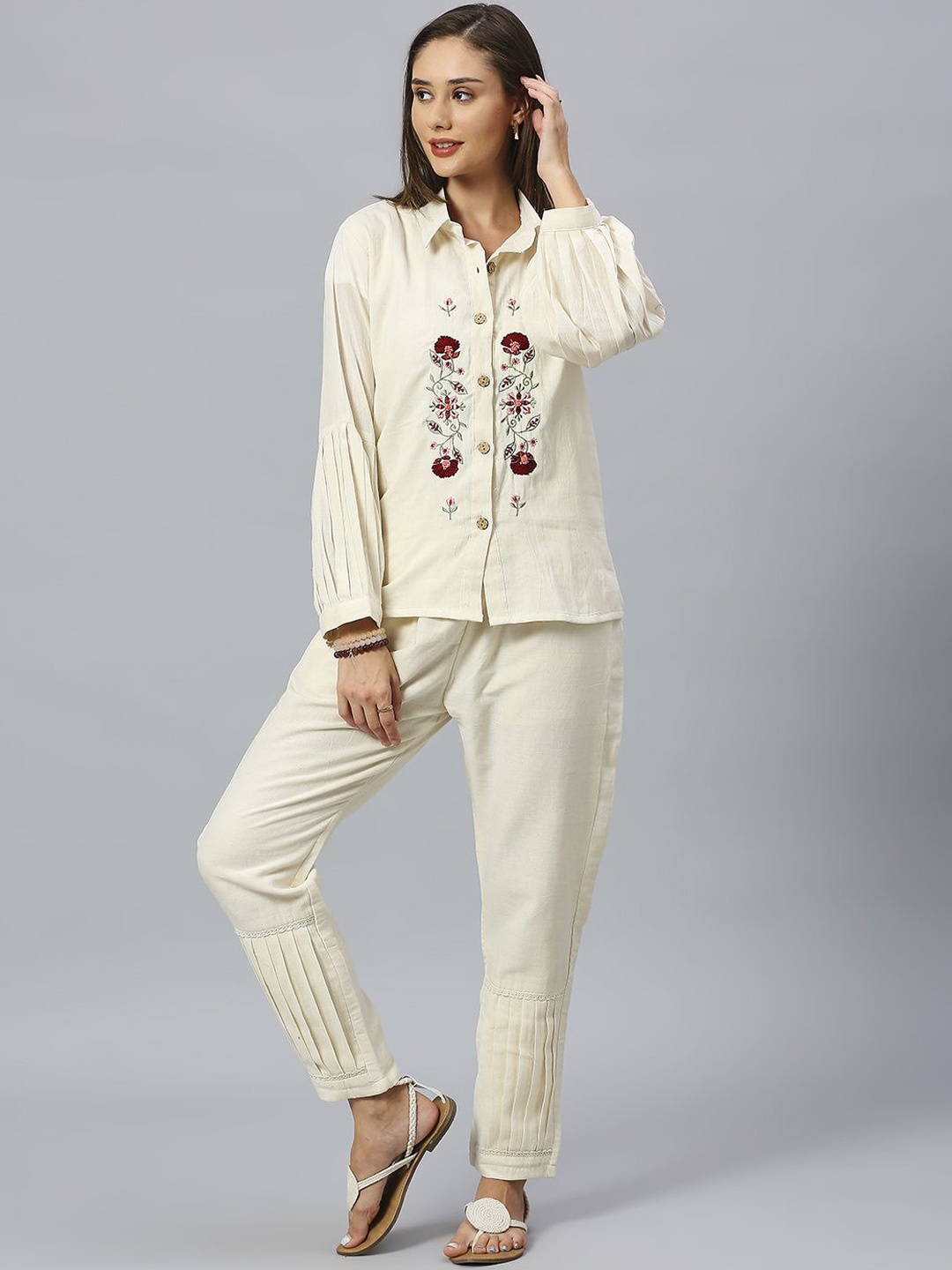 

GUFRINA Floral Embroidered Long Sleeves Pure Cotton Shirt & Trousers, Cream