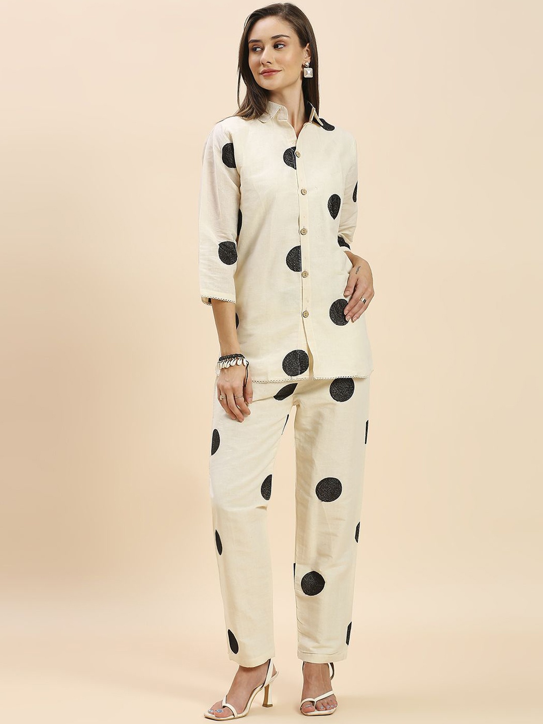 

GUFRINA Geomatric Printed Regular Sleeves Pure Cotton Shirt & Trousers, Cream