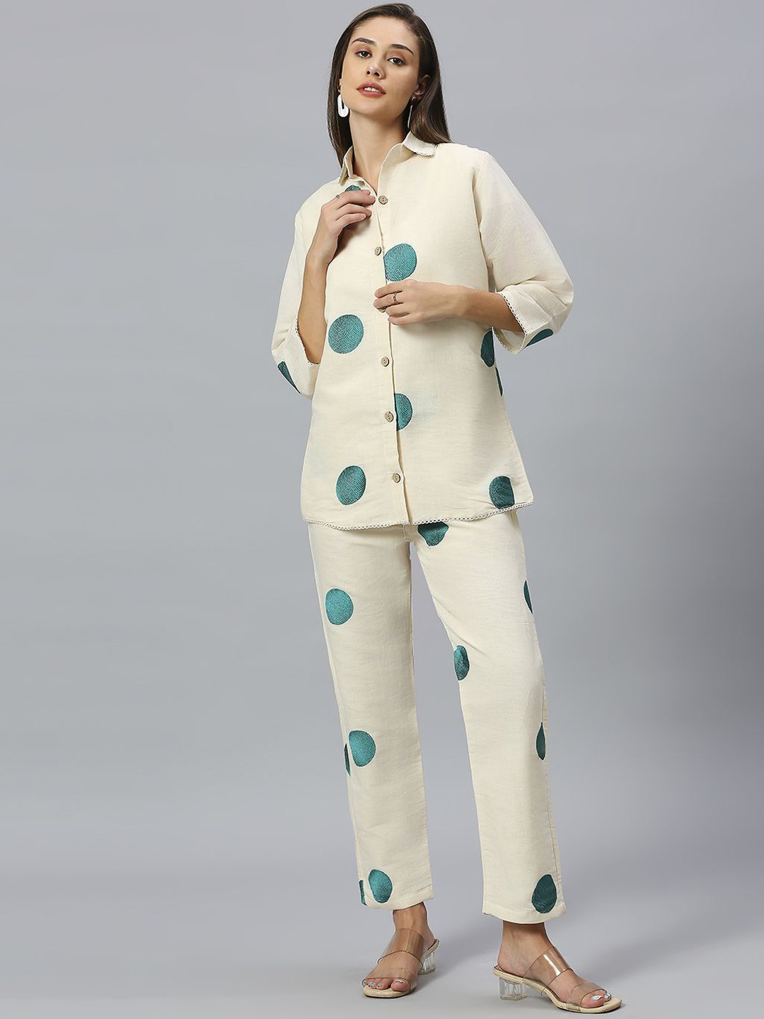 

GUFRINA Geometric Embellished Pure Cotton Shirt With Trousers, Cream