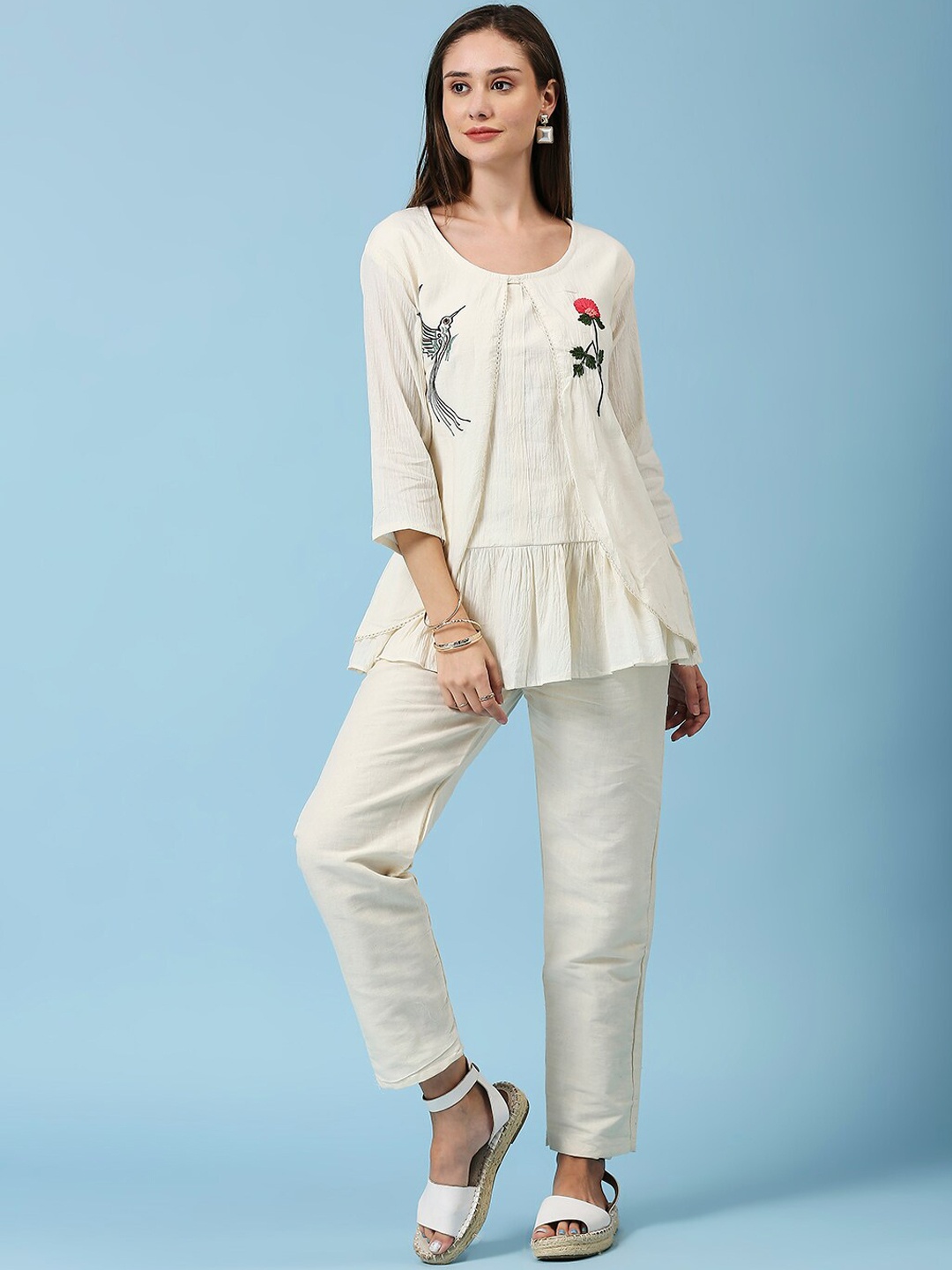 

GUFRINA Embroidered Round Neck Tunic & Trousers Pure Cotton Co-Ords, Cream