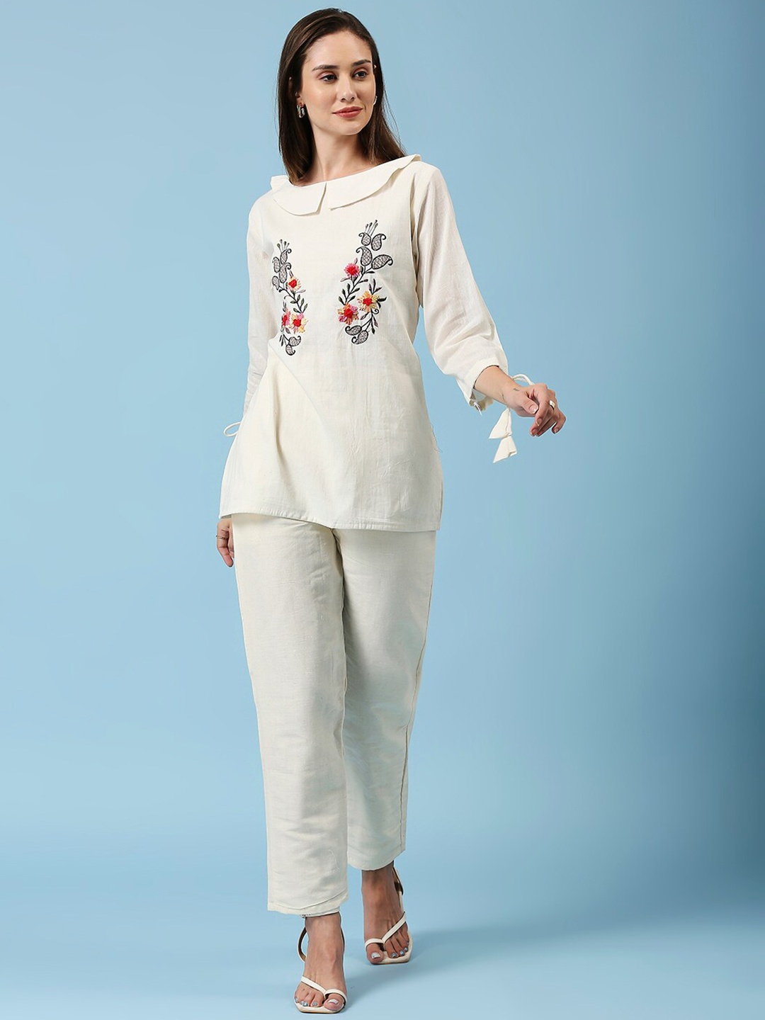 

GUFRINA Floral Embroidered Peter Pan Collar Pure Cotton Shirt & Trousers, Cream