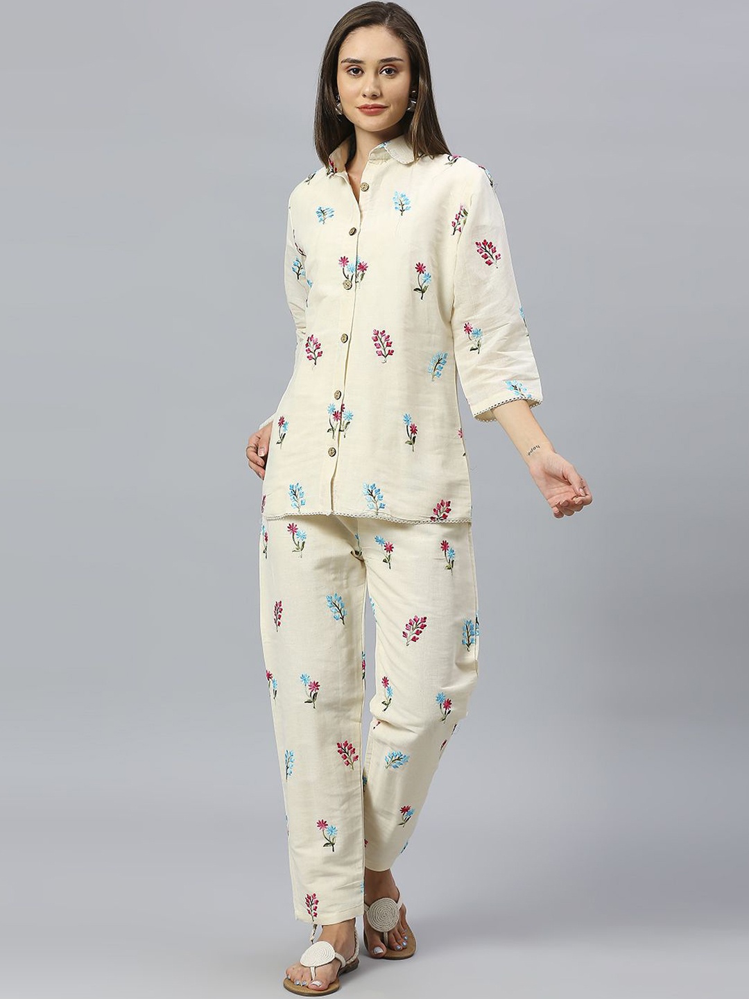 

GUFRINA Floral Embroidered Shirt & Trousers Pure Cotton Co-Ords, Cream